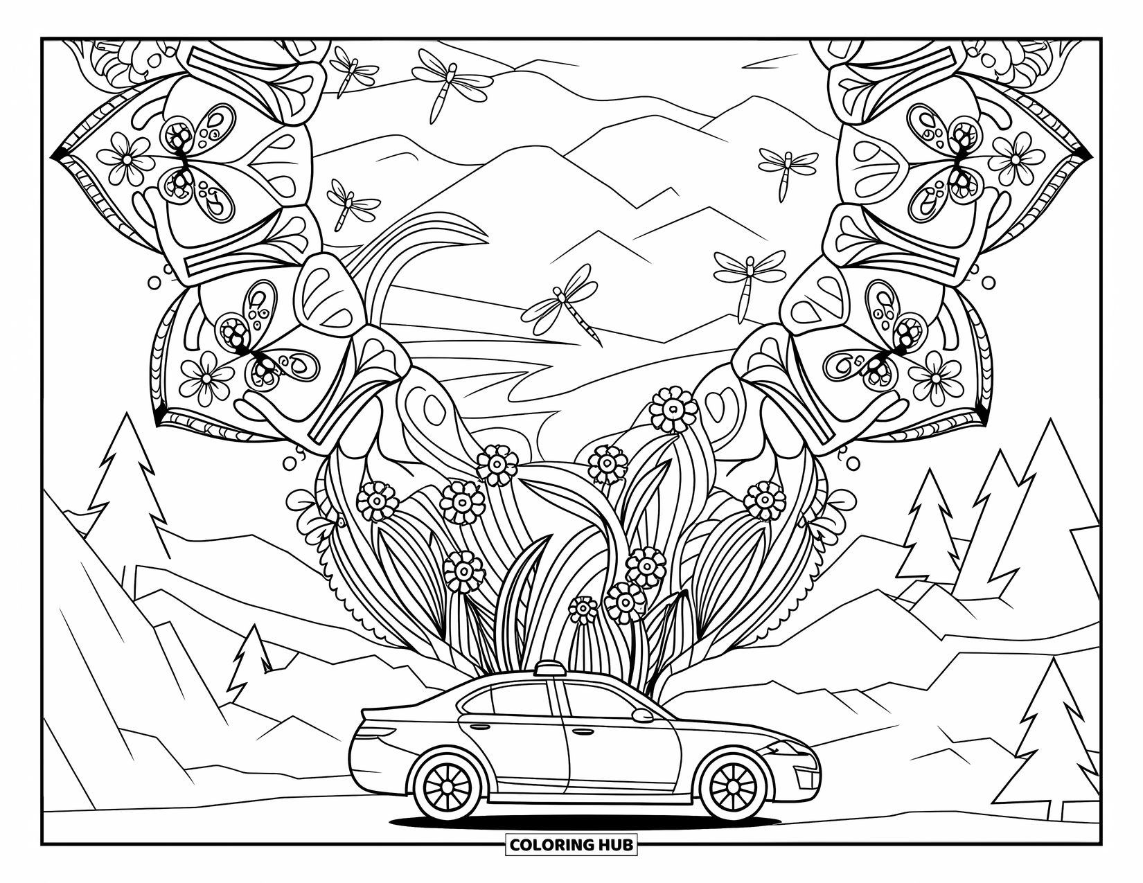 Police Car Coloring Page for Adults: A police car rests below a cascading mandala filled with flowers and dragonflies