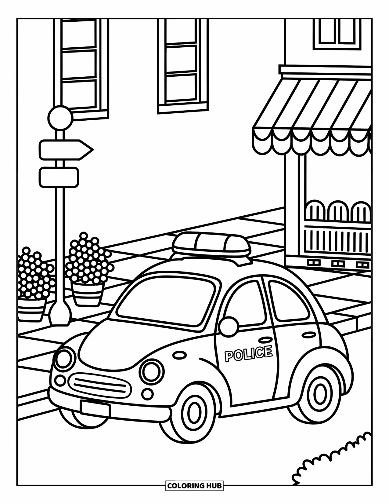 Police Car Coloring Page for Adults: A police car with cozy curves parks near a café, flower pots, and a cute signpost