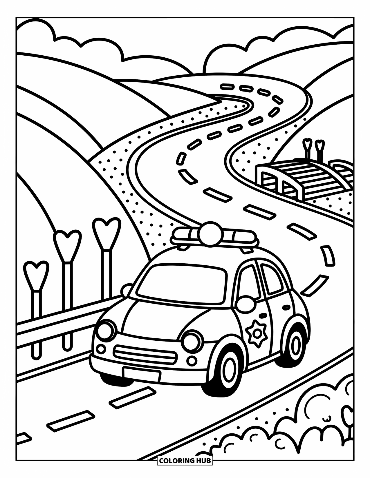 Police Car Coloring Page for Adults: A small police car drives past a bridge and hills in a peaceful hygge-style road scene
