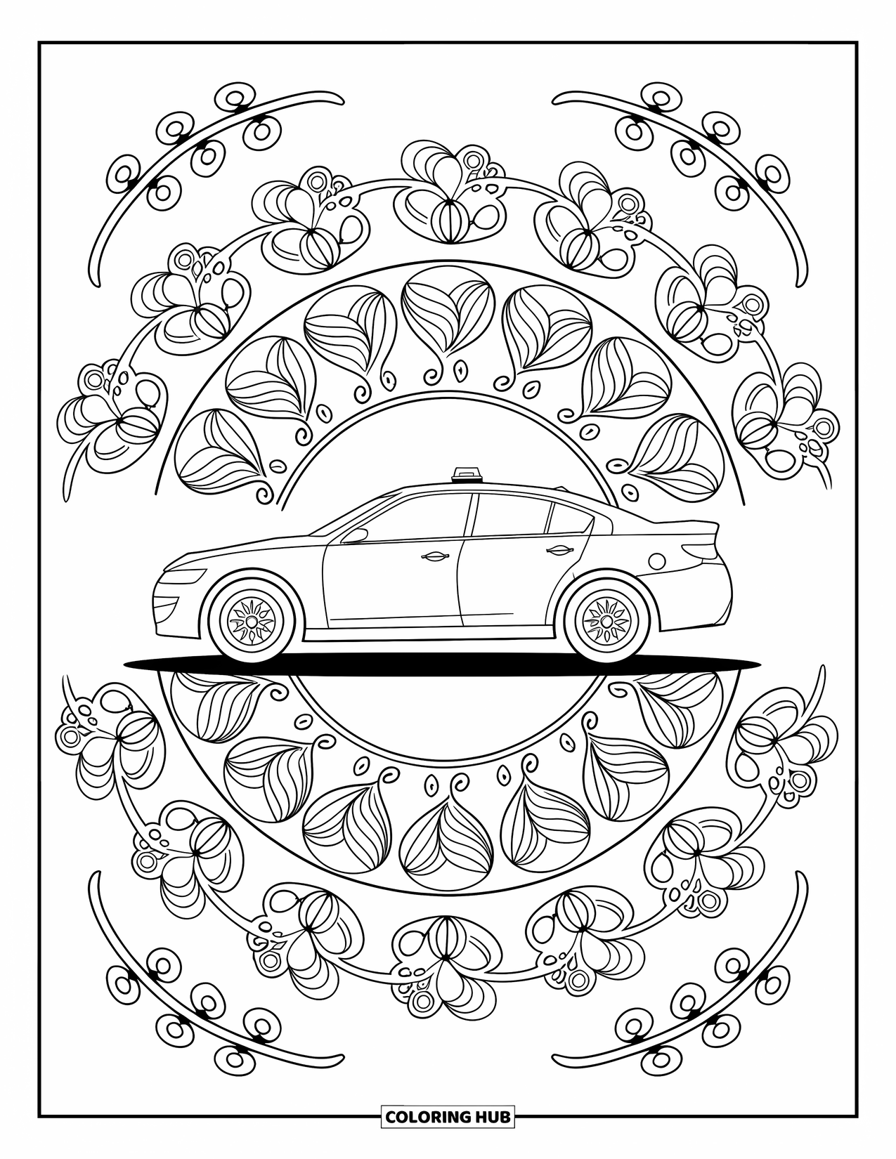 Police Car Coloring Page for Adults: A swirling mandala of leaves and flowers encircles a police car with bold lines