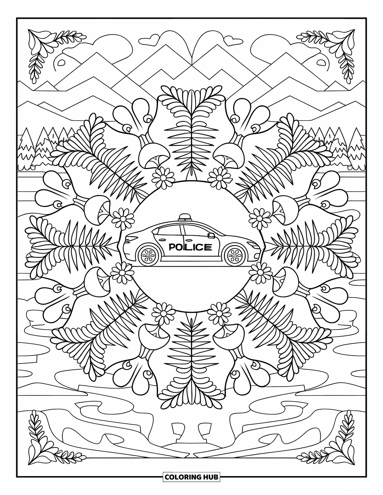 Police Car Coloring Page for Adults: Ferny mandala petals surround a cruiser parked by water, trees, and quiet hills