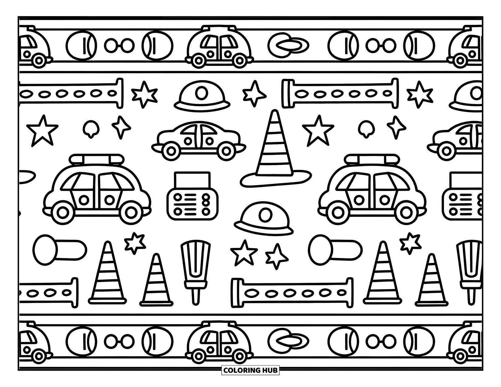 Police Car Coloring Page for Adults: Kawaii police gear-cars, sirens, and hats-line a border in a sweet hand-drawn pattern
