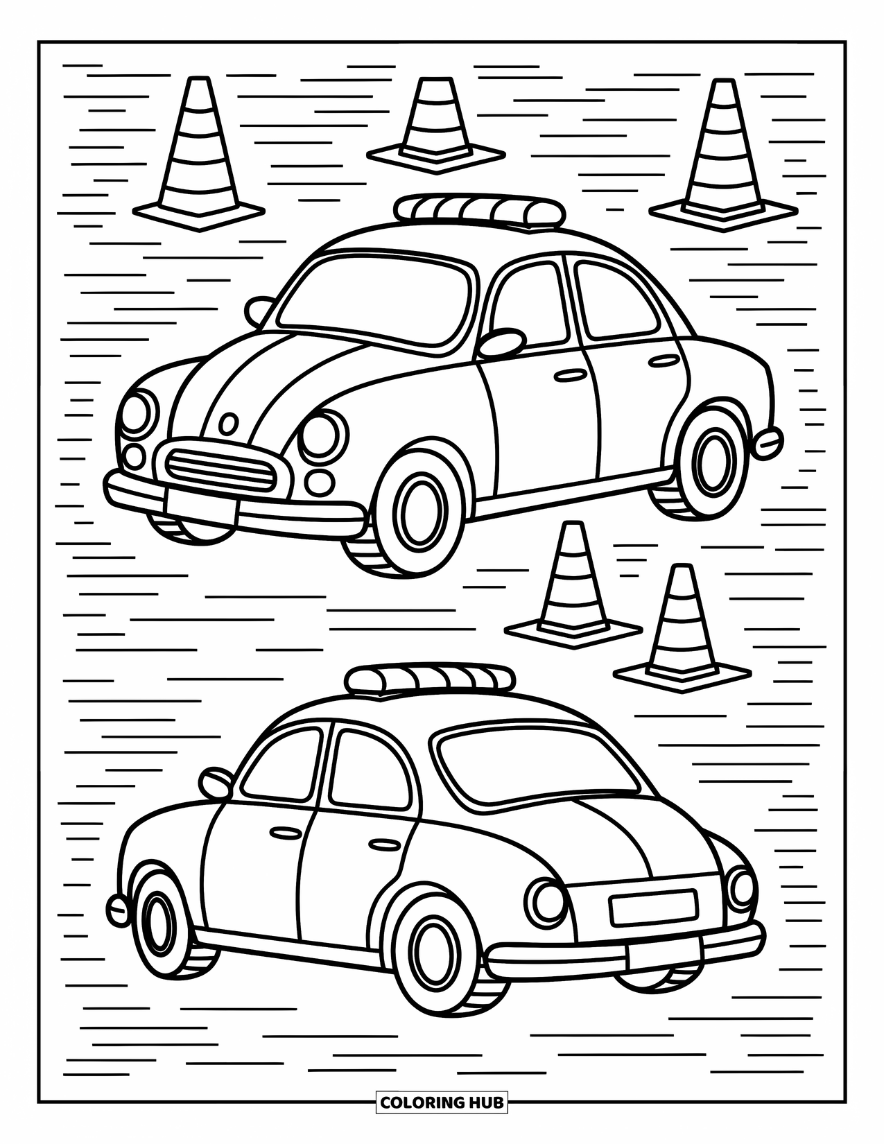 Police Car Coloring Page for Adults: Three police car angles are framed with cones and soft patterns in a kawaii doodle style