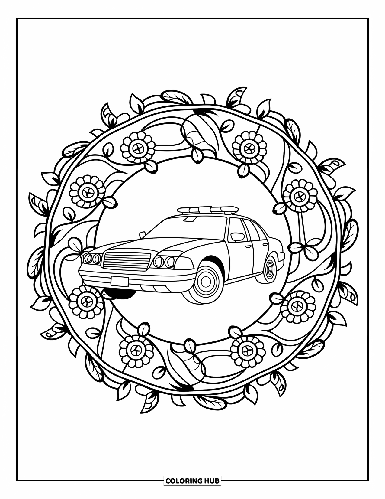 Police Car Coloring Page for Adults: Vines and floral spirals swirl around a cruiser in the middle of a circular mandala