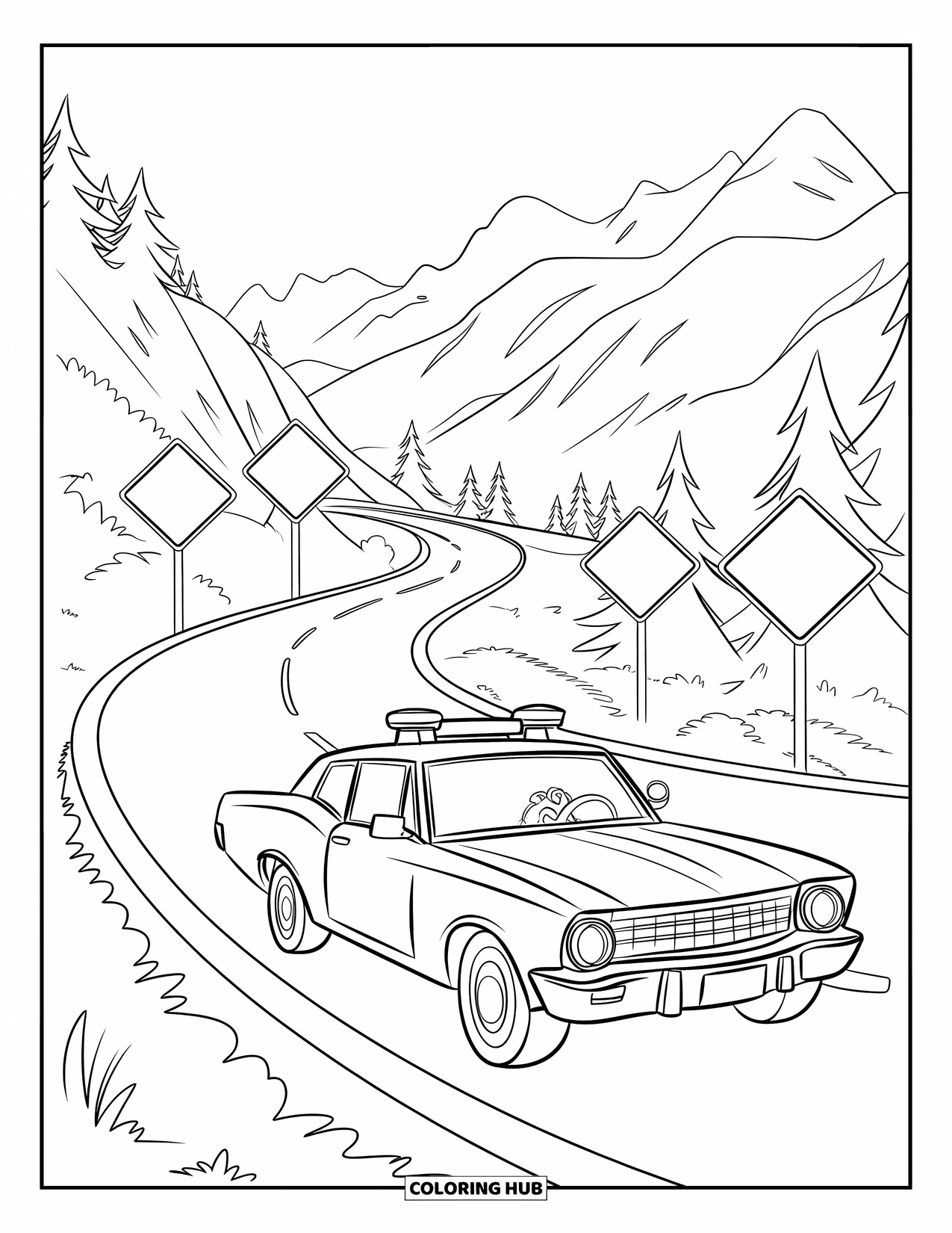 Police Car Coloring Page for Kids: A curvy road runs through the mountains with a police car and road signs