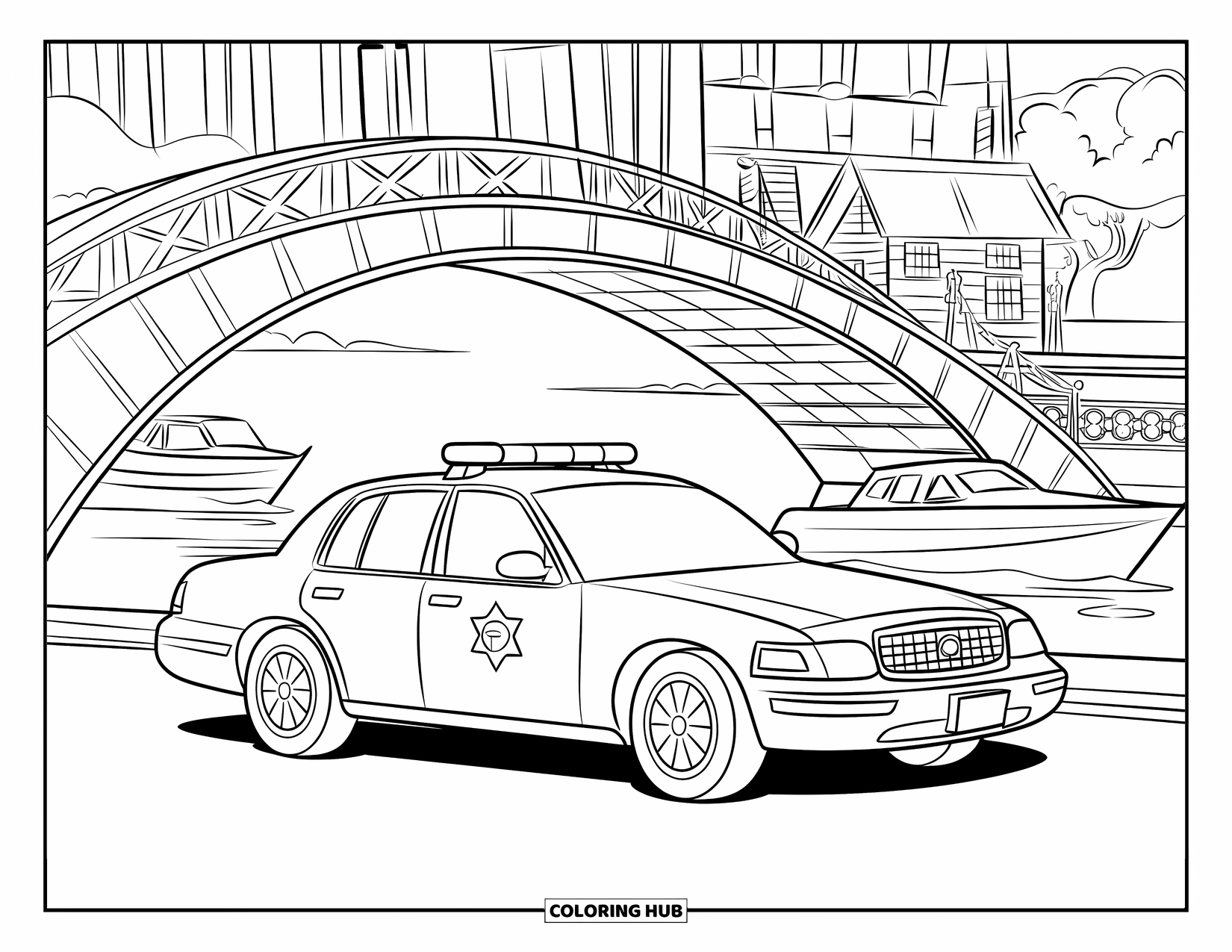 Police Car Coloring Page for Kids: A drawbridge scene with a police car waiting and boats floating underneath
