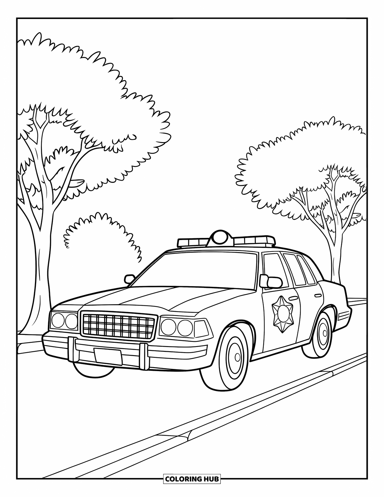 Police Car Coloring Page for Kids: A front-facing police car with a star badge rests near a yellow curb and trees