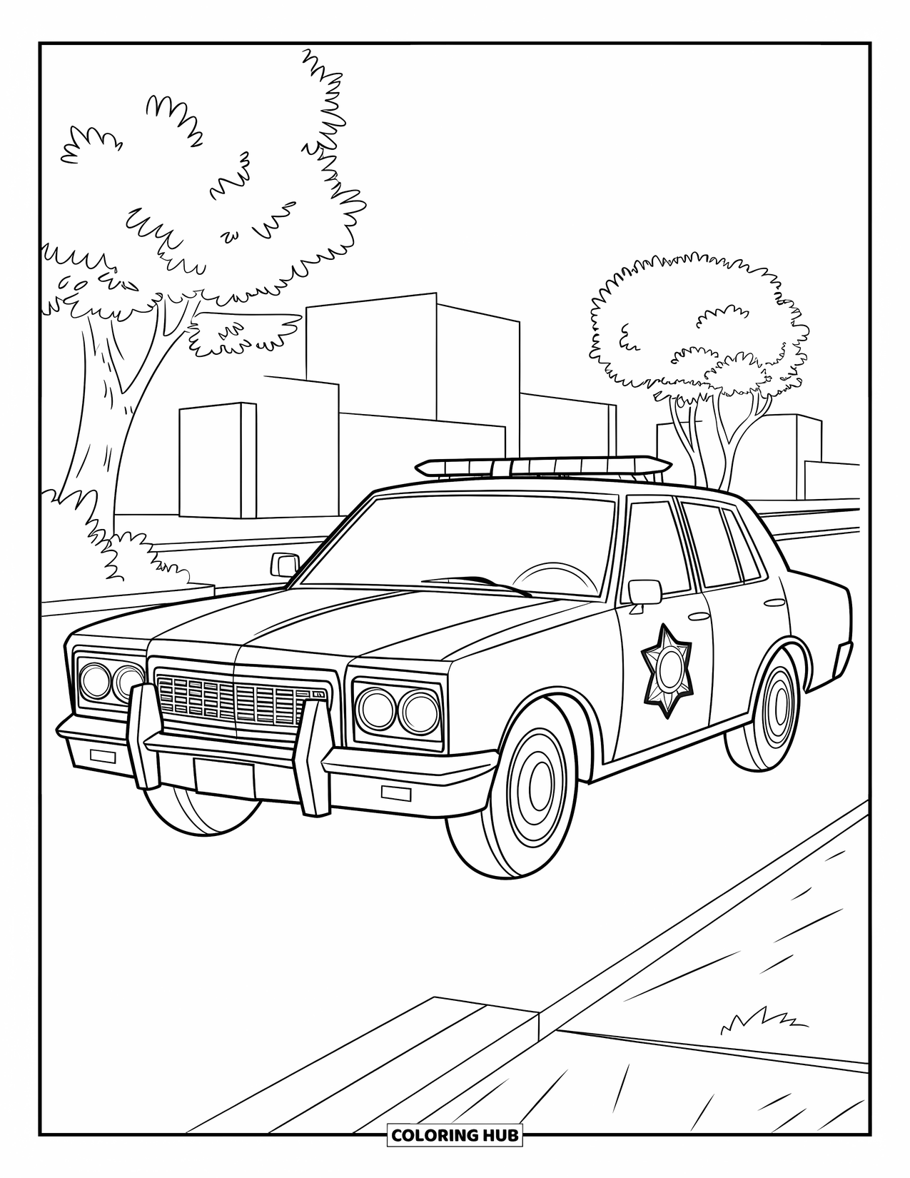 Police Car Coloring Page for Kids: A parked police car with a star on the door sits between leafy trees and buildings