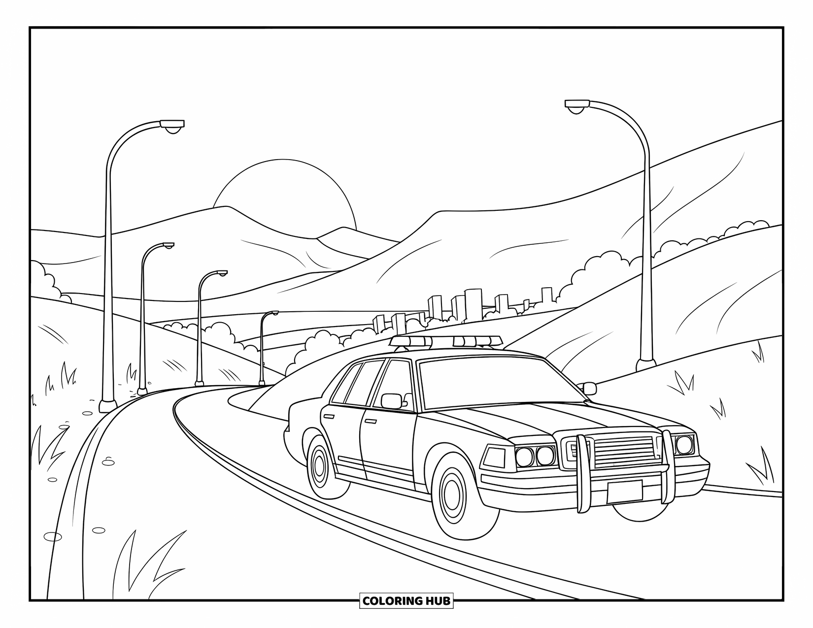 Police Car Coloring Page for Kids: A police car drives along a hilly road with streetlights and city buildings in the distance