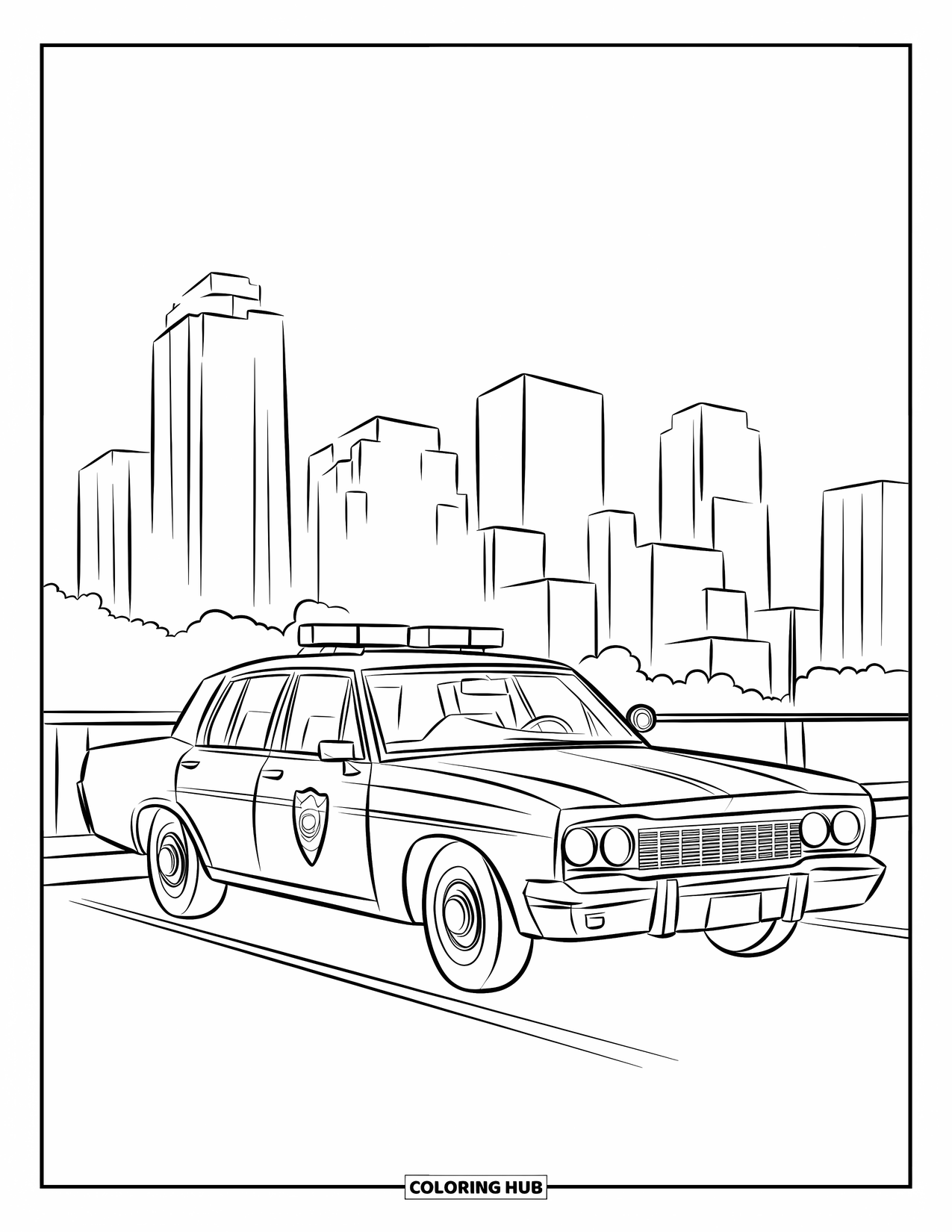 Police Car Coloring Page for Kids: A police car is parked in a city lot with tall buildings in the background