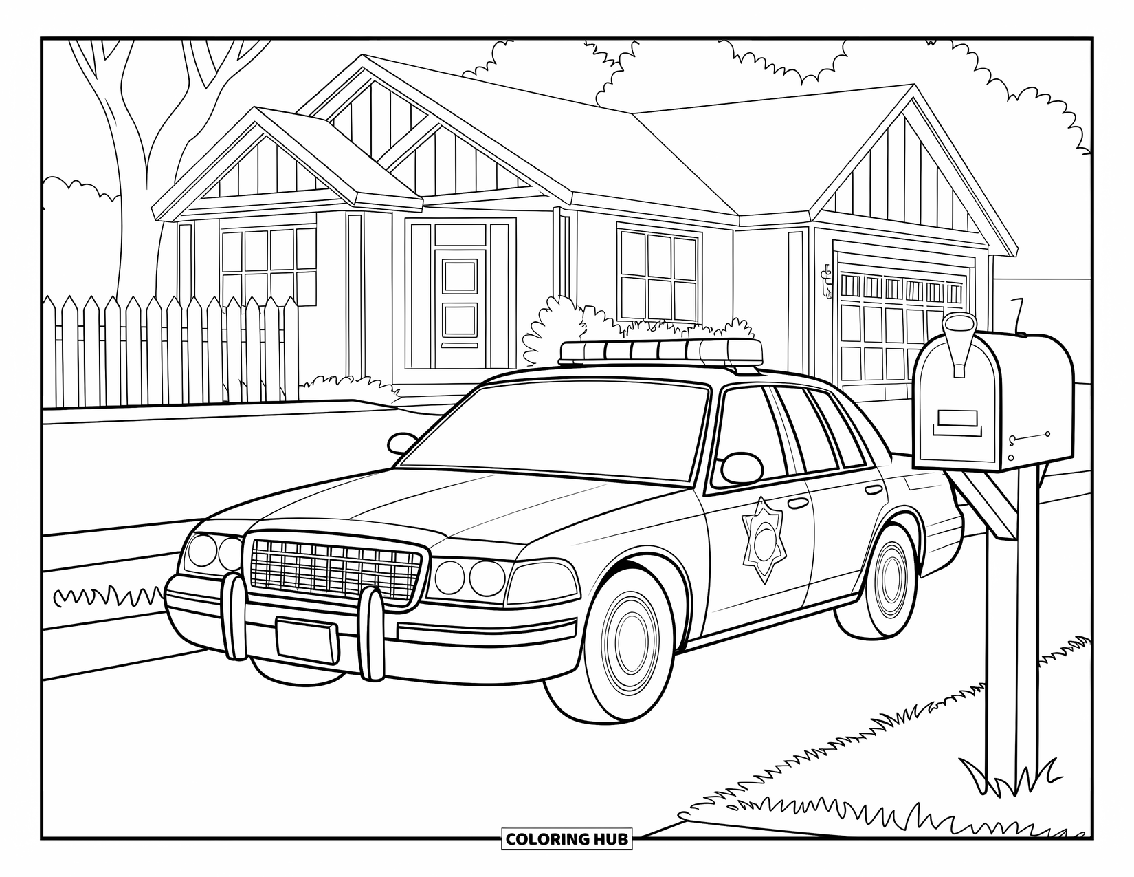Police Car Coloring Page for Kids: A police car is parked in front of a house with a white picket fence and mailbox