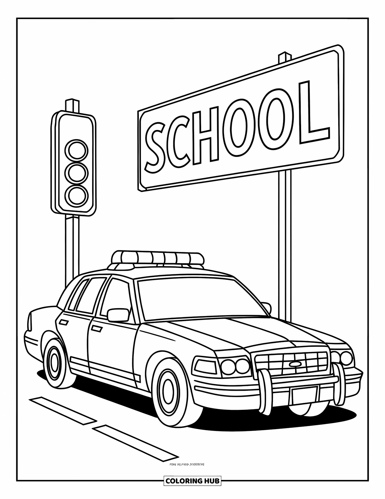Police Car Coloring Page for Kids: A police car stops near a traffic light and a big bold school sign
