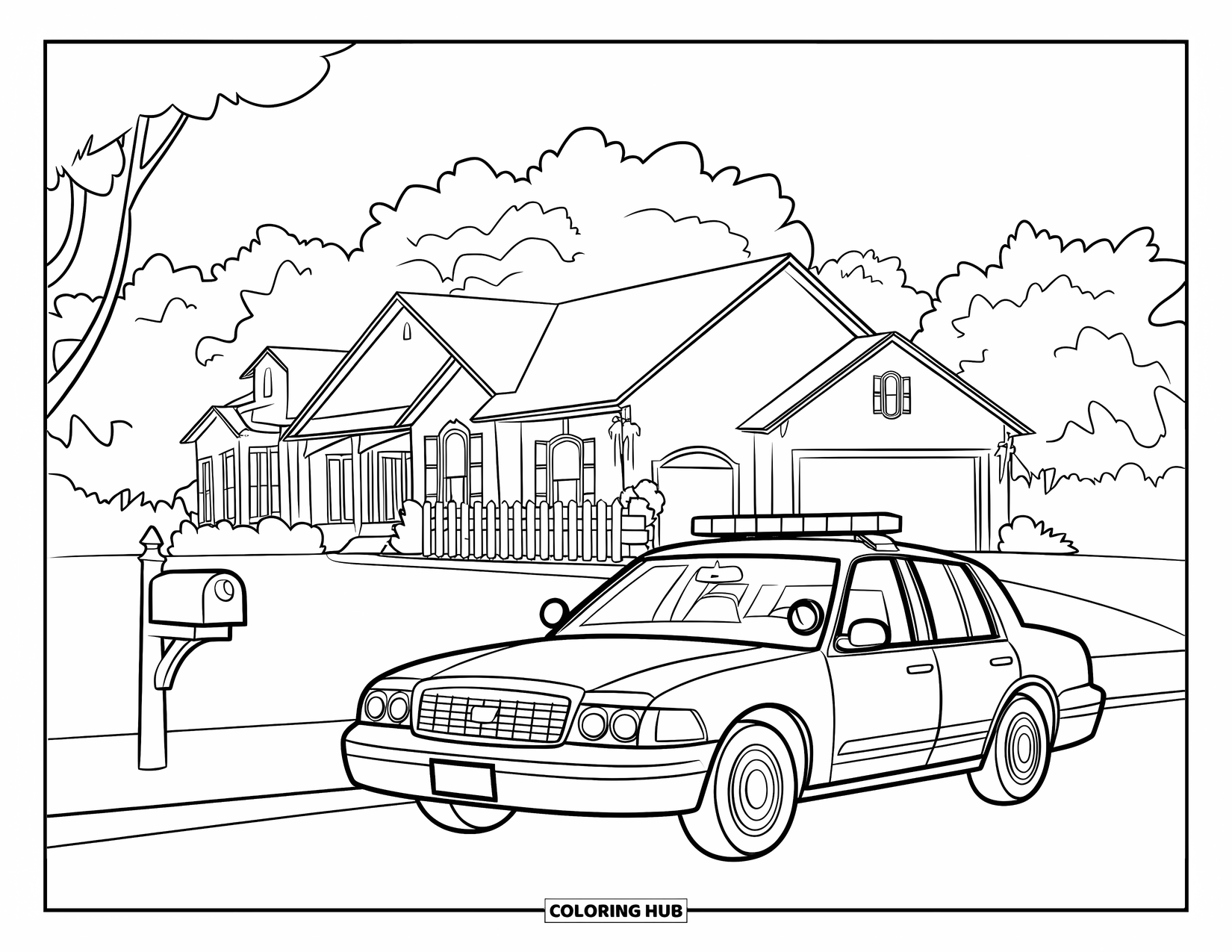 Police Car Coloring Page for Kids: A police car with flashing lights sits outside a home with a green lawn and trees