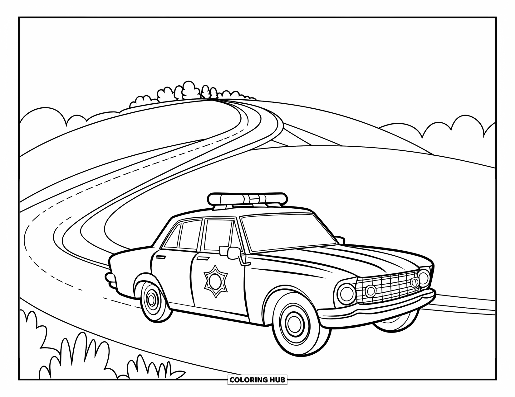 Police Car Coloring Page for Kids: A police car with stripes drives gently past fields, trees, and a calm hilltop