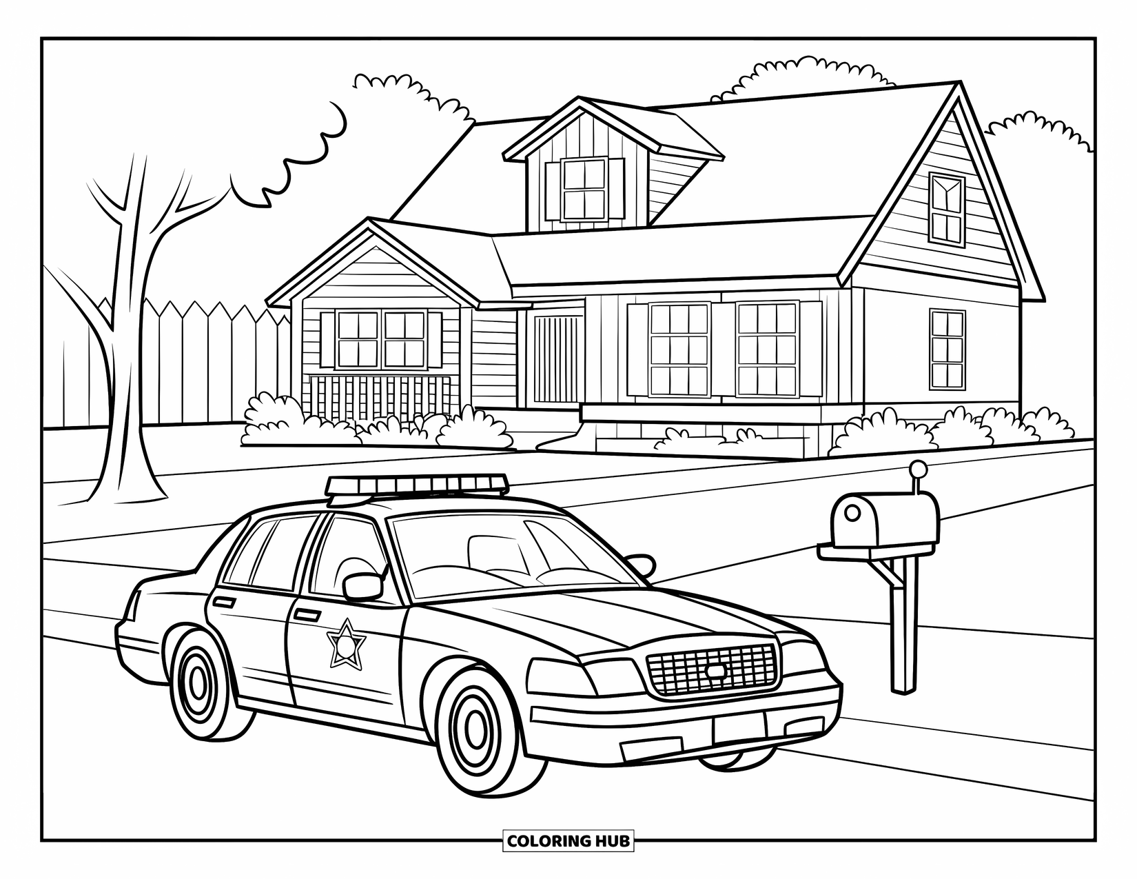 Police Car Coloring Page for Kids: A quiet neighborhood with a police car outside a home and trees in the yard