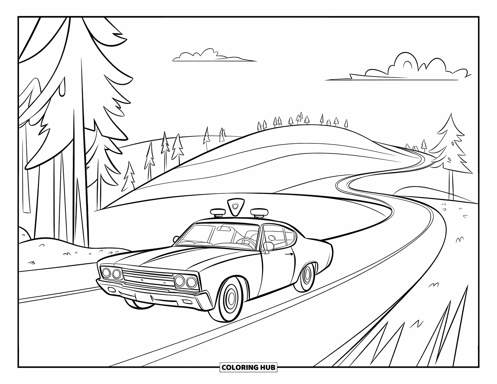 Police Car Coloring Page for Kids: A quiet road curves past trees and hills as a police car drives slowly along
