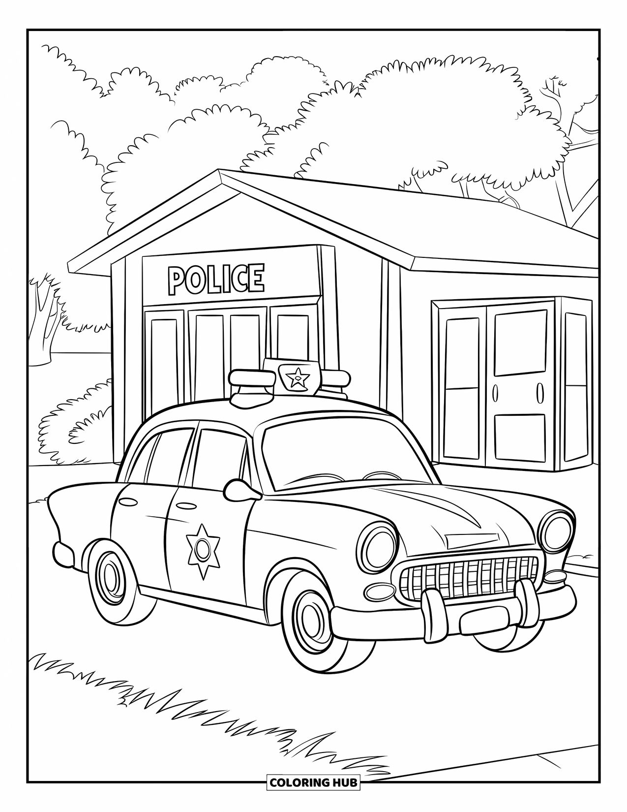 Police Car Coloring Page for Kids: A red police car with stripes rests on a lawn near a tiny white station