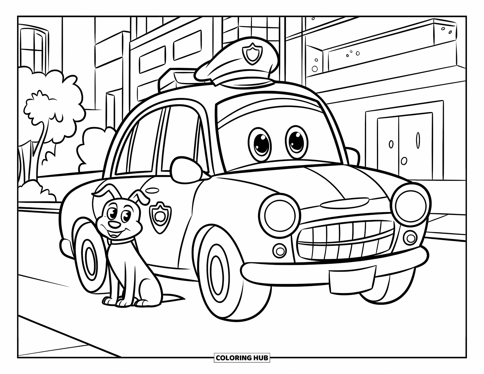 Police Car Coloring Page for Kids: A smiling police car and friendly dog sit beside city buildings and tall trees