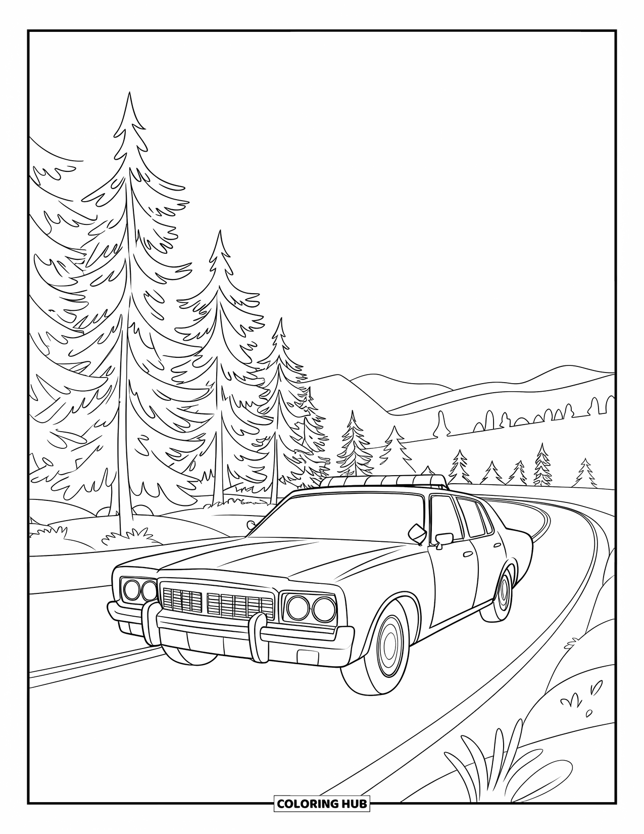 Police Car Coloring Page for Kids: A winding mountain road guides a police car past rows of pine trees