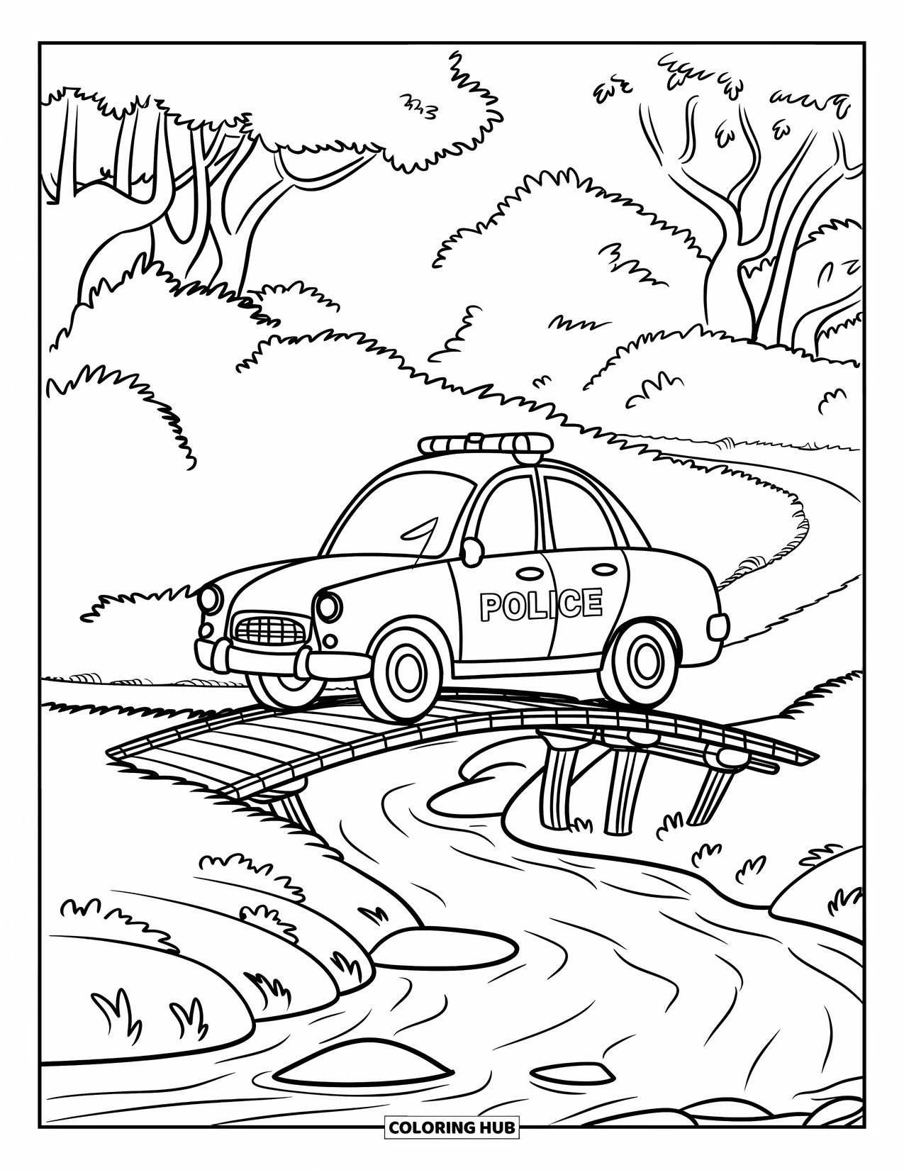 Police Car Coloring Page for Kids: A wooden bridge carries a marked police car over a clear stream and smooth rocks