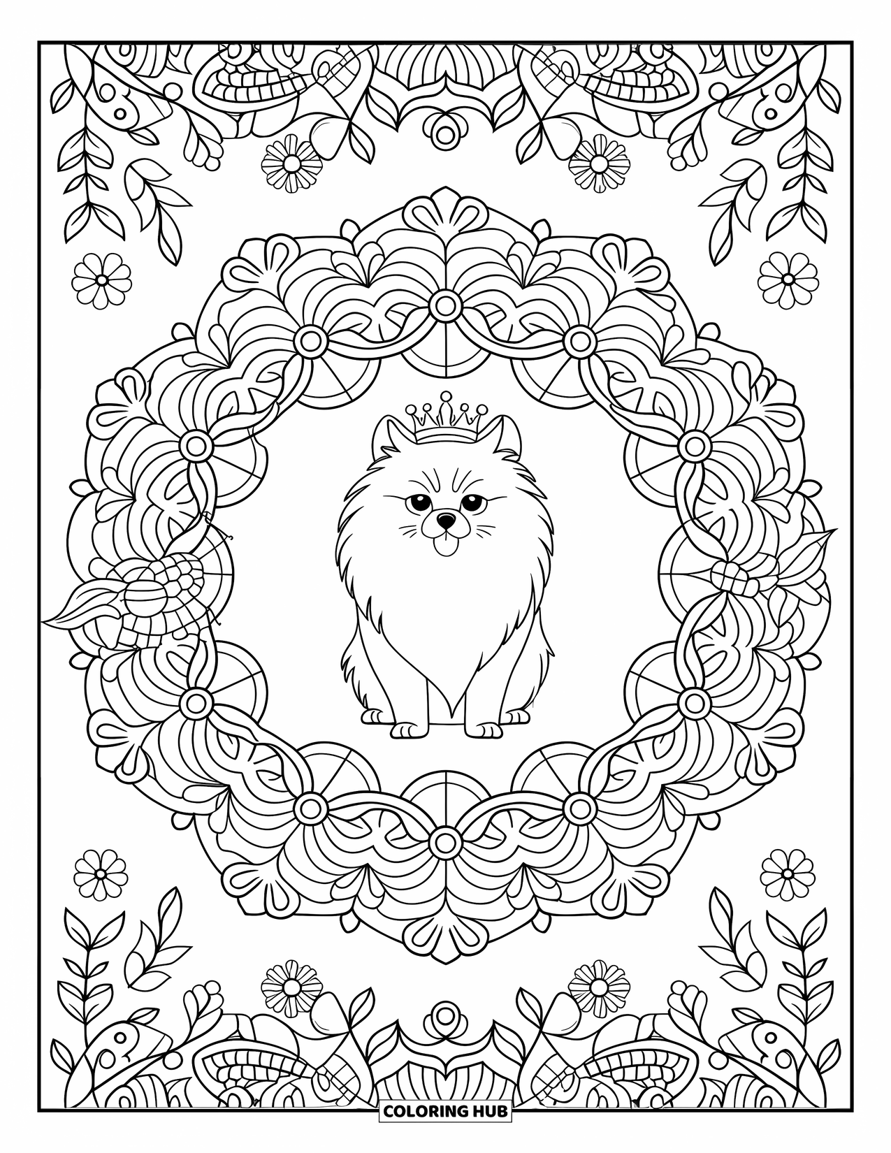 Pomeranian Coloring Page for Adults: Crowned Pomeranian rests in a full-page mandala of flowers and vines