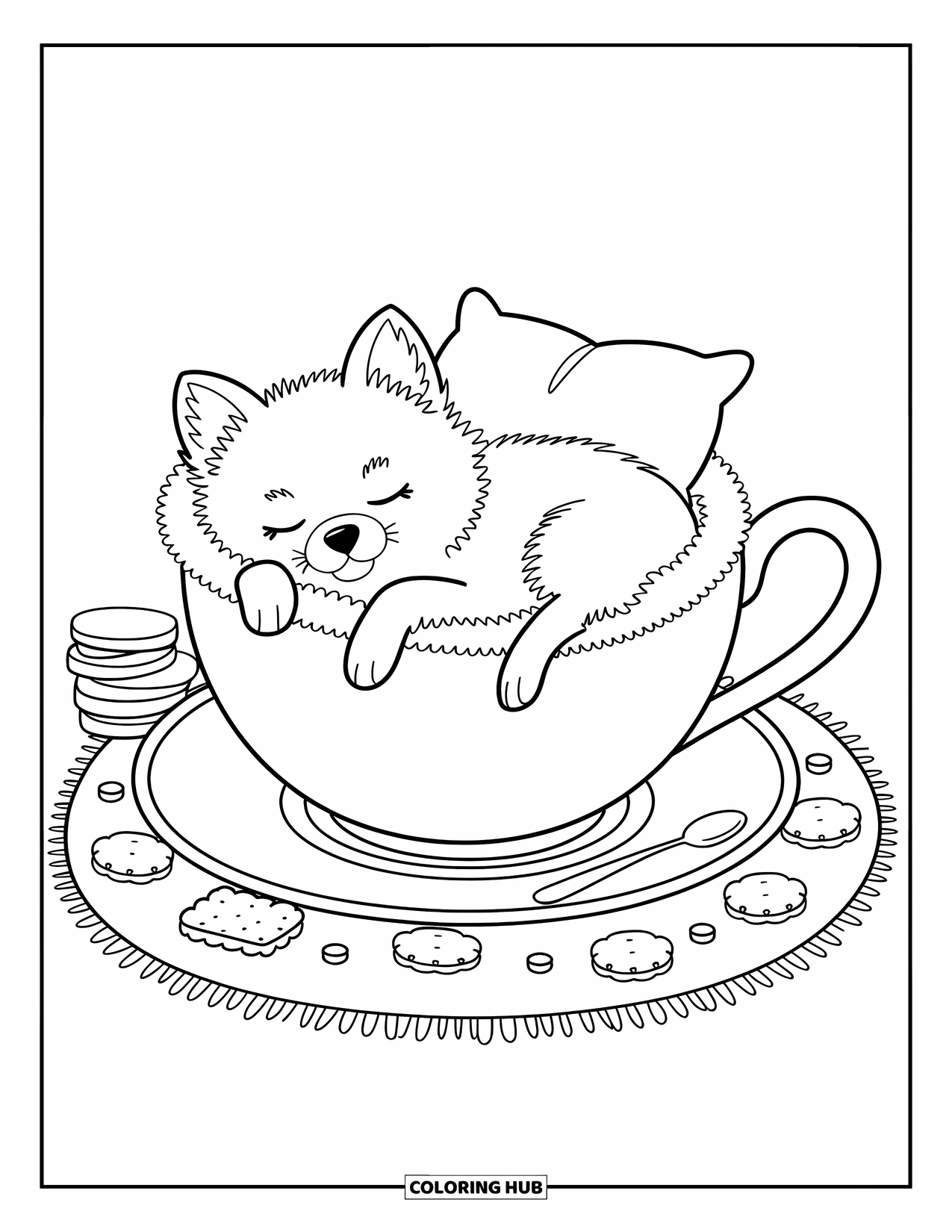 Pomeranian Coloring Page for Adults: Curled-up pup rests in a teacup bed with playful cozy items around
