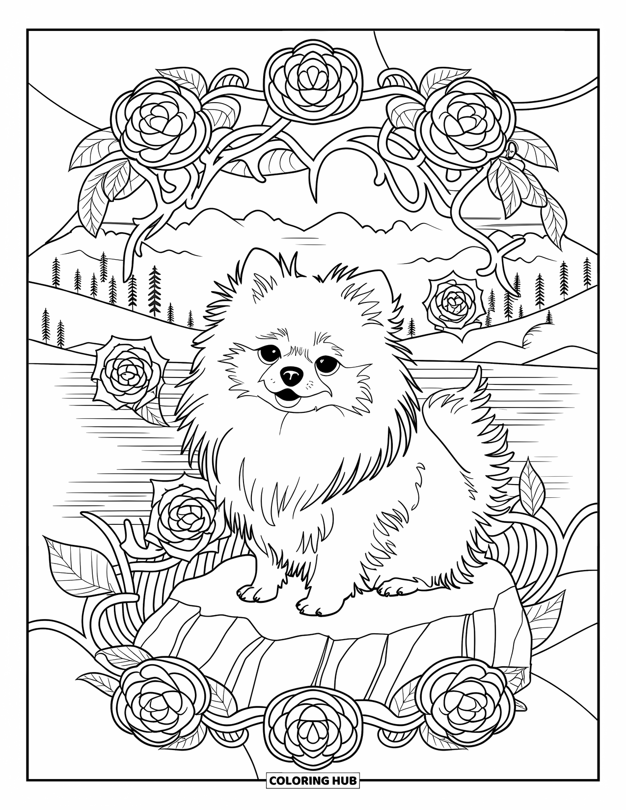 Pomeranian Coloring Page for Adults: Dog rests on a rock with rose vines in a mountain-filled background