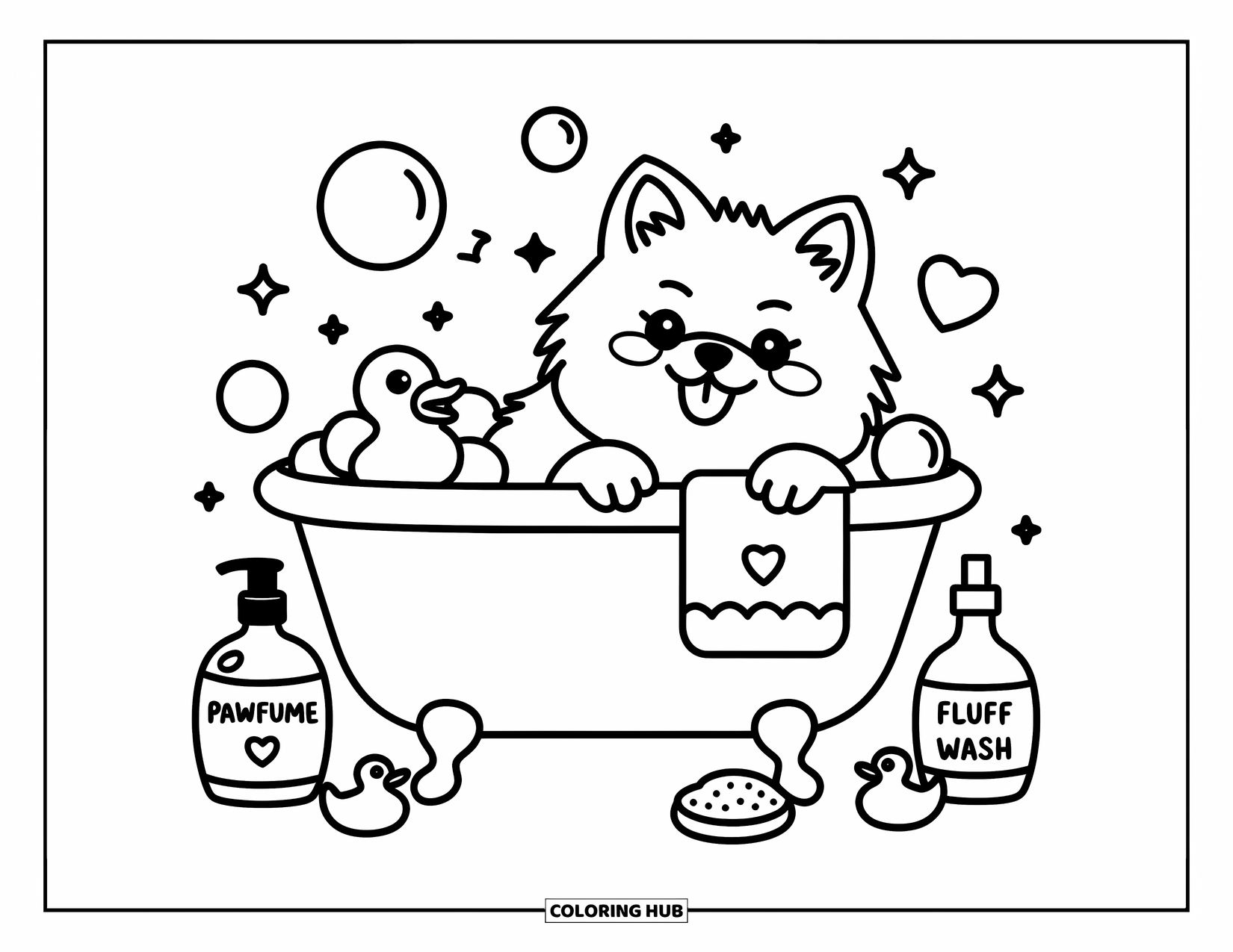 Pomeranian Coloring Page for Adults: Fluffy dog wrapped in a towel enjoys a bubble bath with rubber duckies