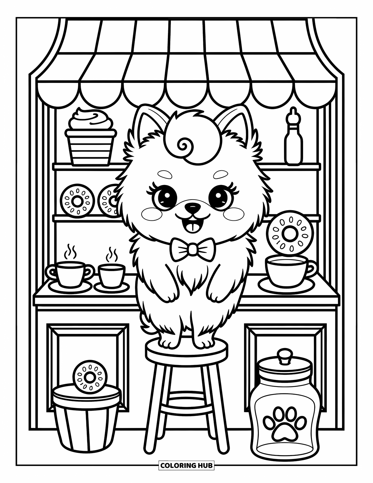 Pomeranian Coloring Page for Adults: Pomeranian barista stands behind a tiny café counter with donuts and cookies