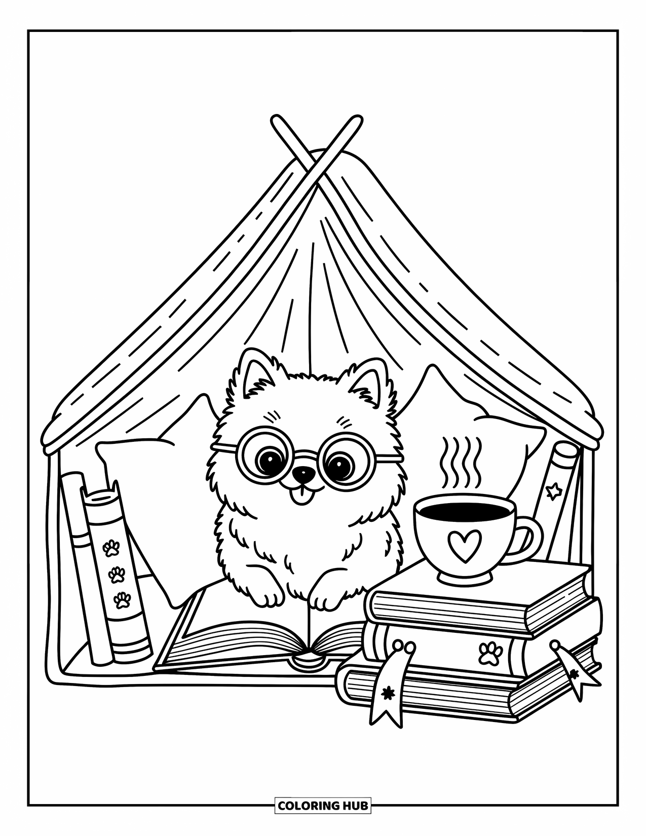 Pomeranian Coloring Page for Adults: Pomeranian in a blanket fort reads beside books, stars, and a warm drink