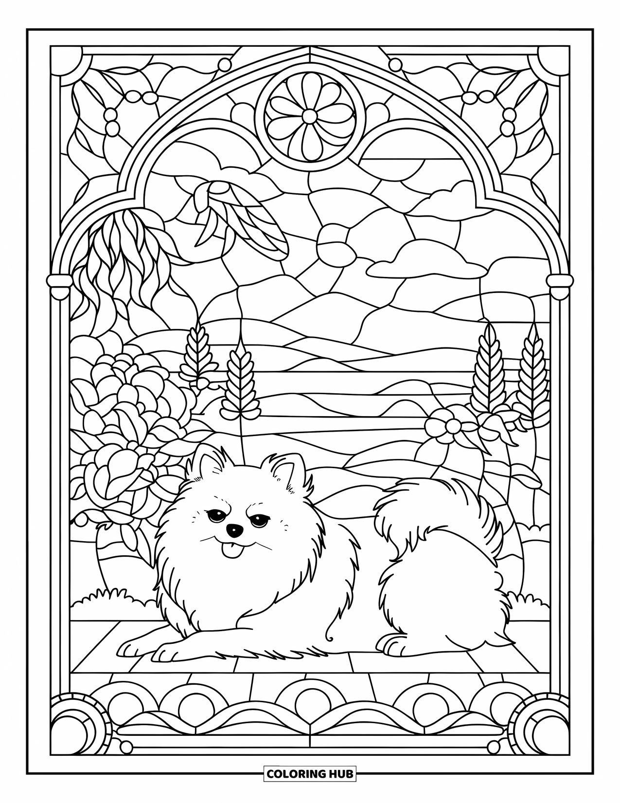 Pomeranian Coloring Page for Adults: Pomeranian rests in a stained glass frame filled with flowers and a peaceful scene