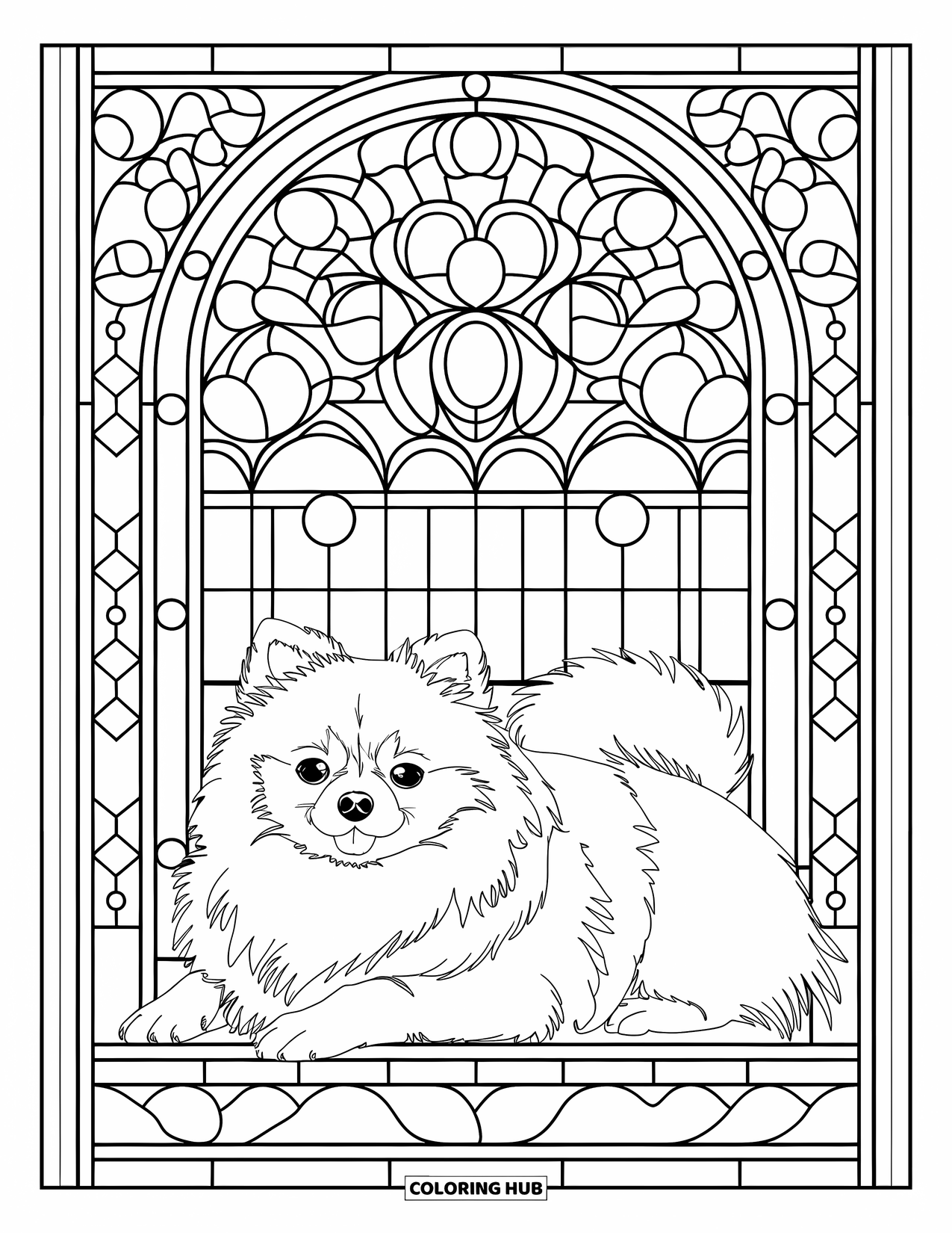 Pomeranian Coloring Page for Adults: Pomeranian rests peacefully in a stained glass scene with detailed patterns
