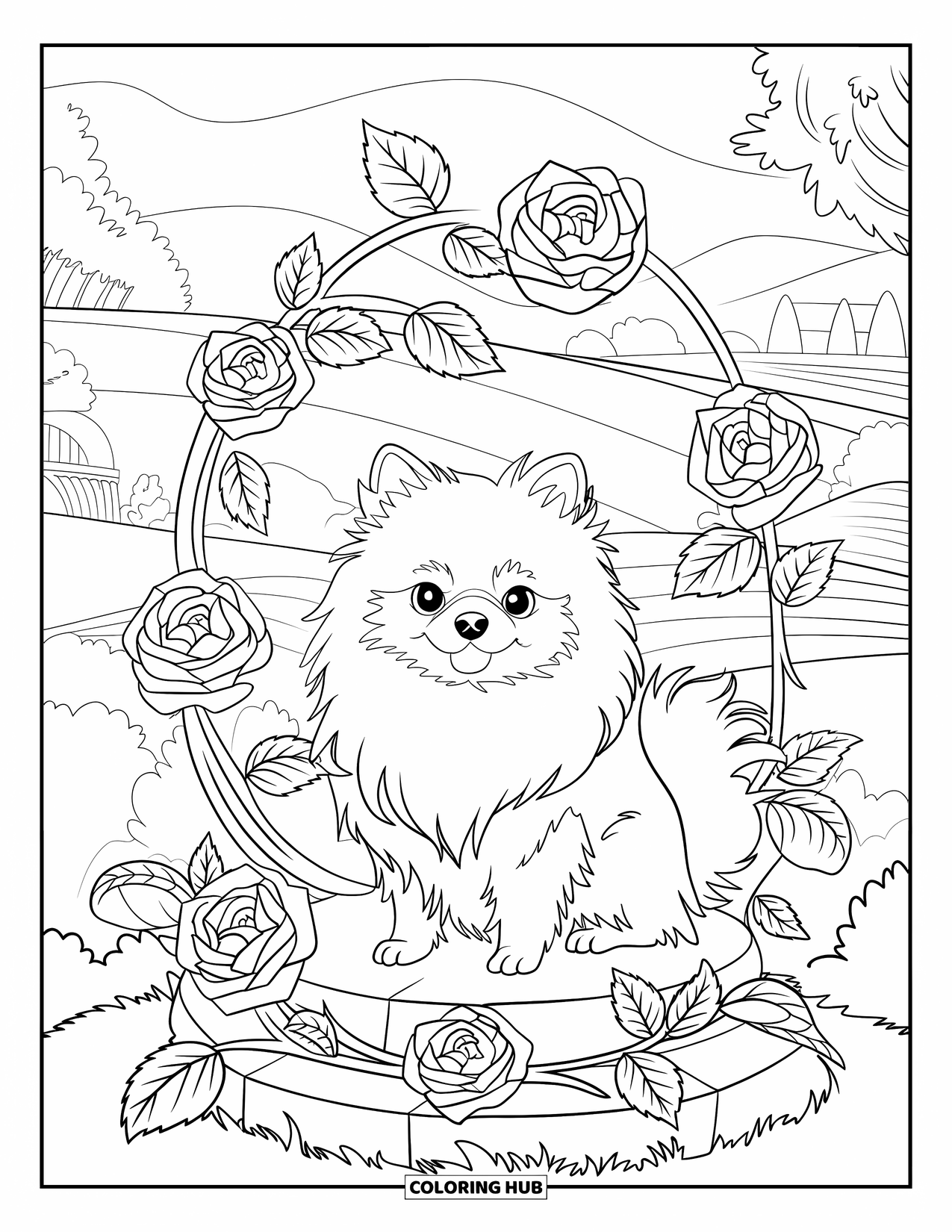 Pomeranian Coloring Page for Adults: Pomeranian sits on stone, wrapped in rose vines among hills and trees