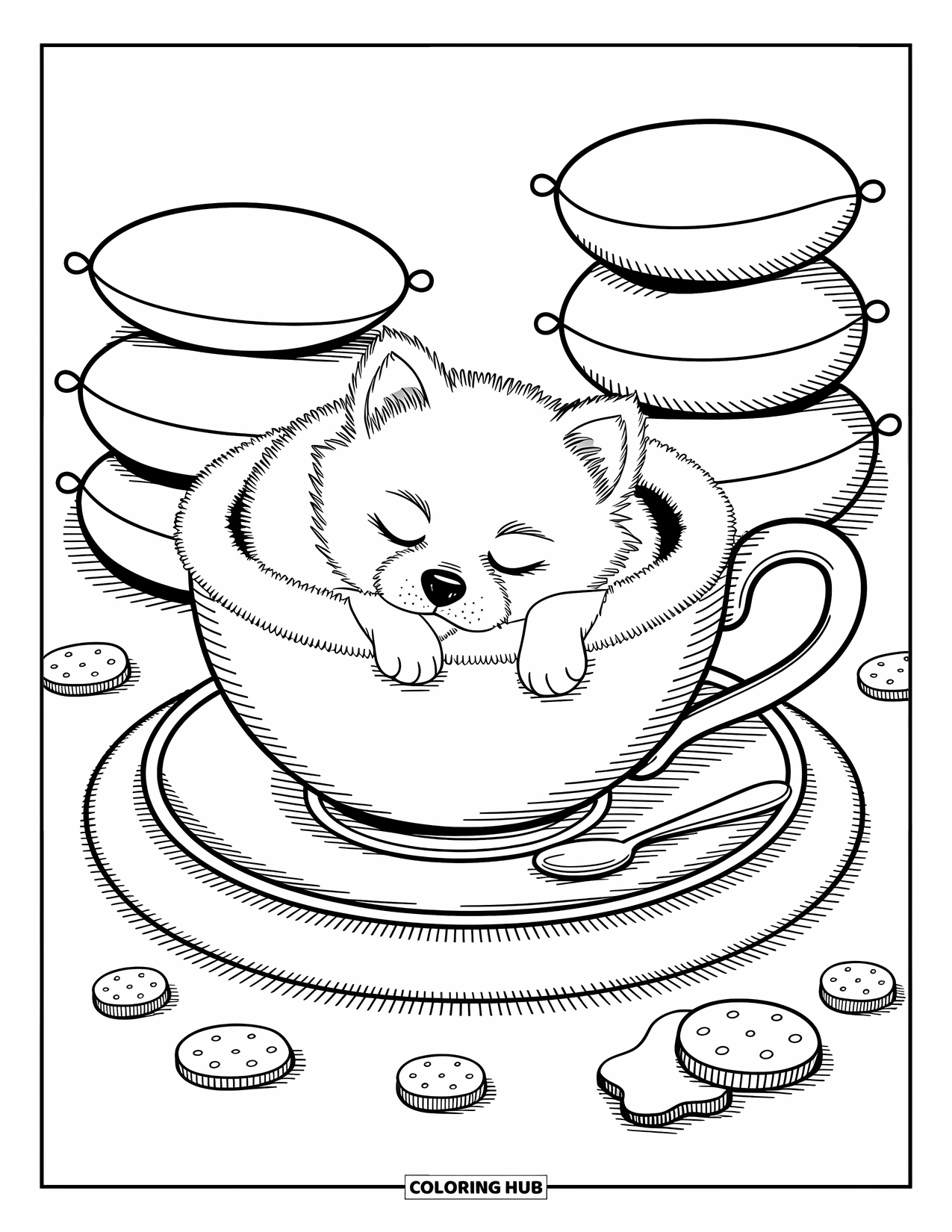 Pomeranian Coloring Page for Adults: Pomeranian snoozes in a fluffy teacup bed with tiny pillows and treats