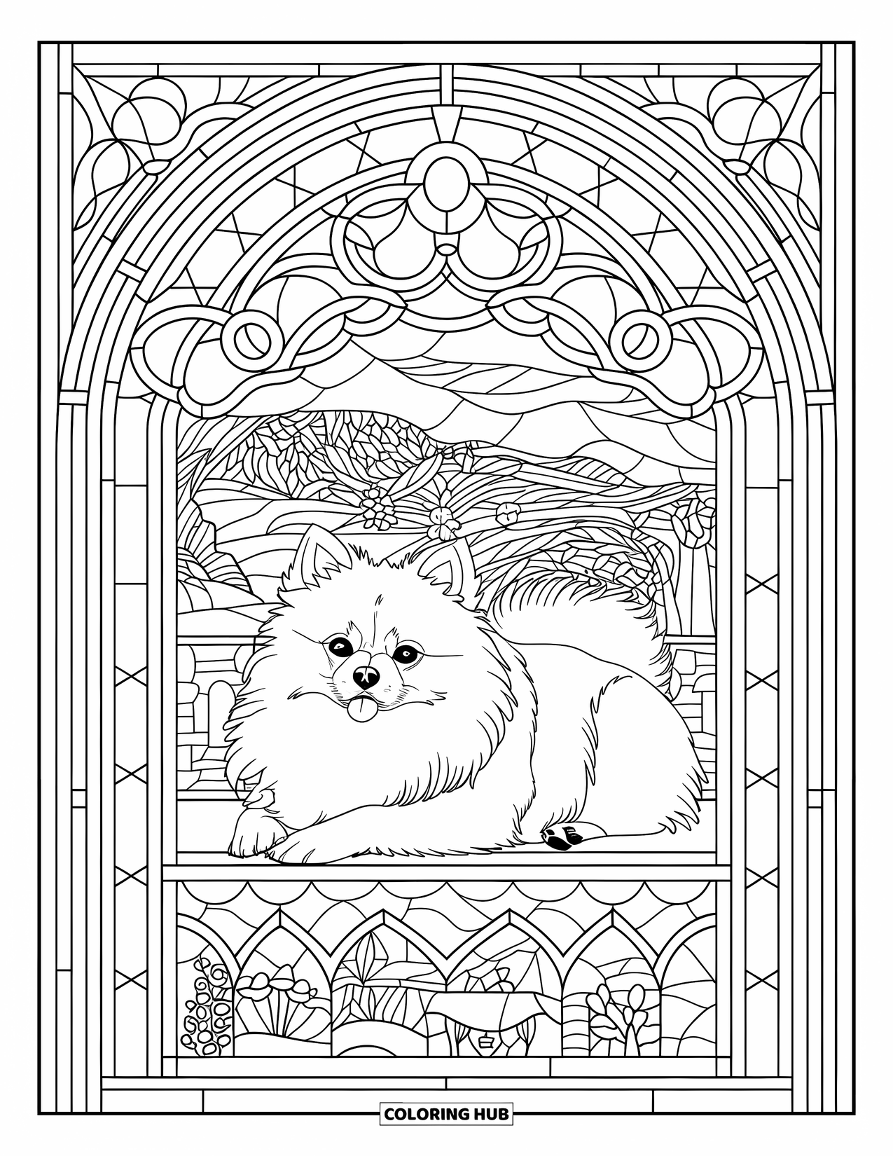 Pomeranian Coloring Page for Adults: Relaxed Pomeranian lies inside an intricate stained glass window design