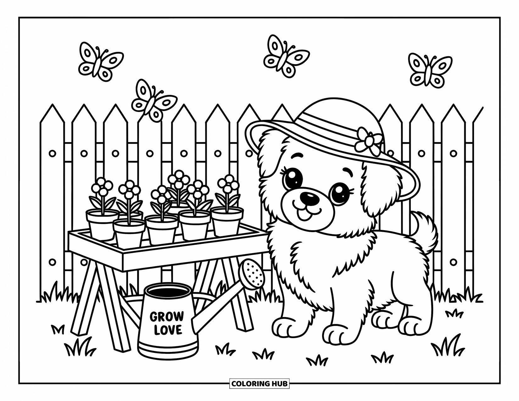 Pomeranian Coloring Page for Adults: Tiny puppy with a sun hat enjoys gardening near a "Grow Love" sign