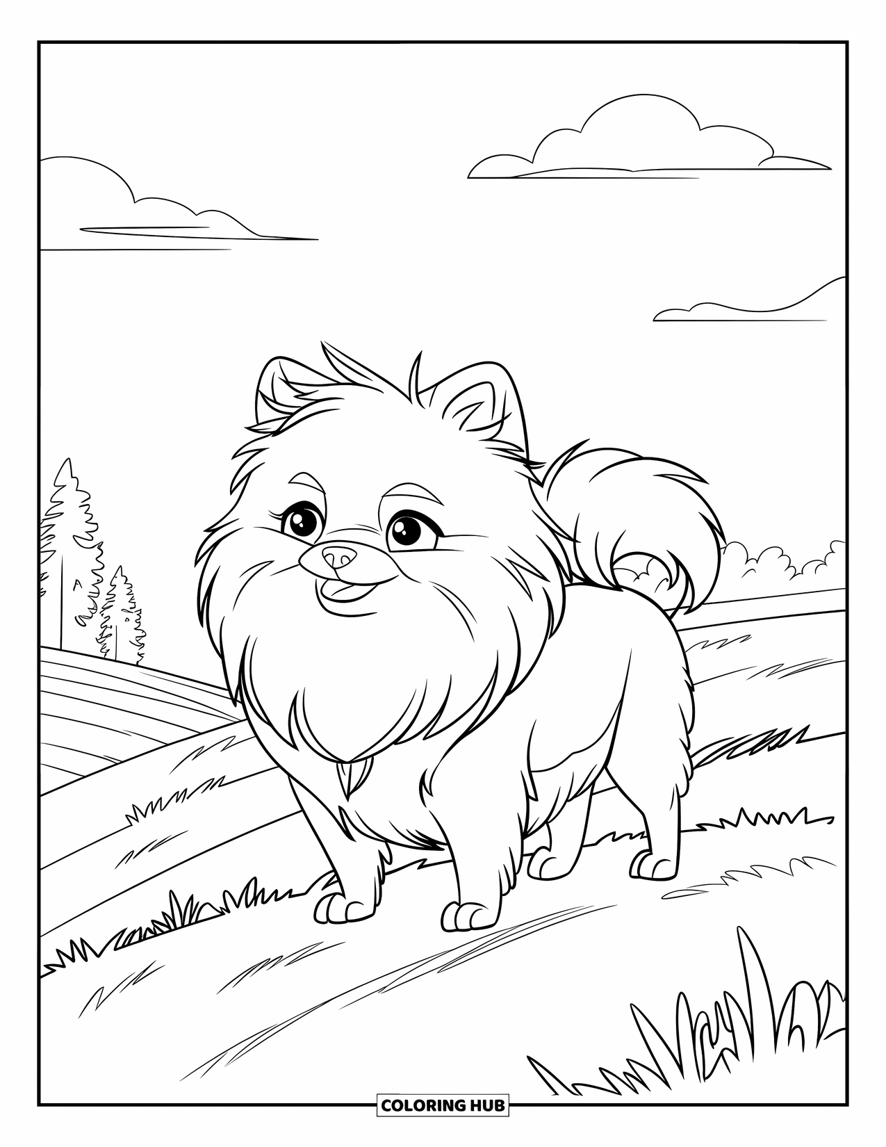 Pomeranian Coloring Page for Kids: Confident Pomeranian with flowing fur stands high on a hill