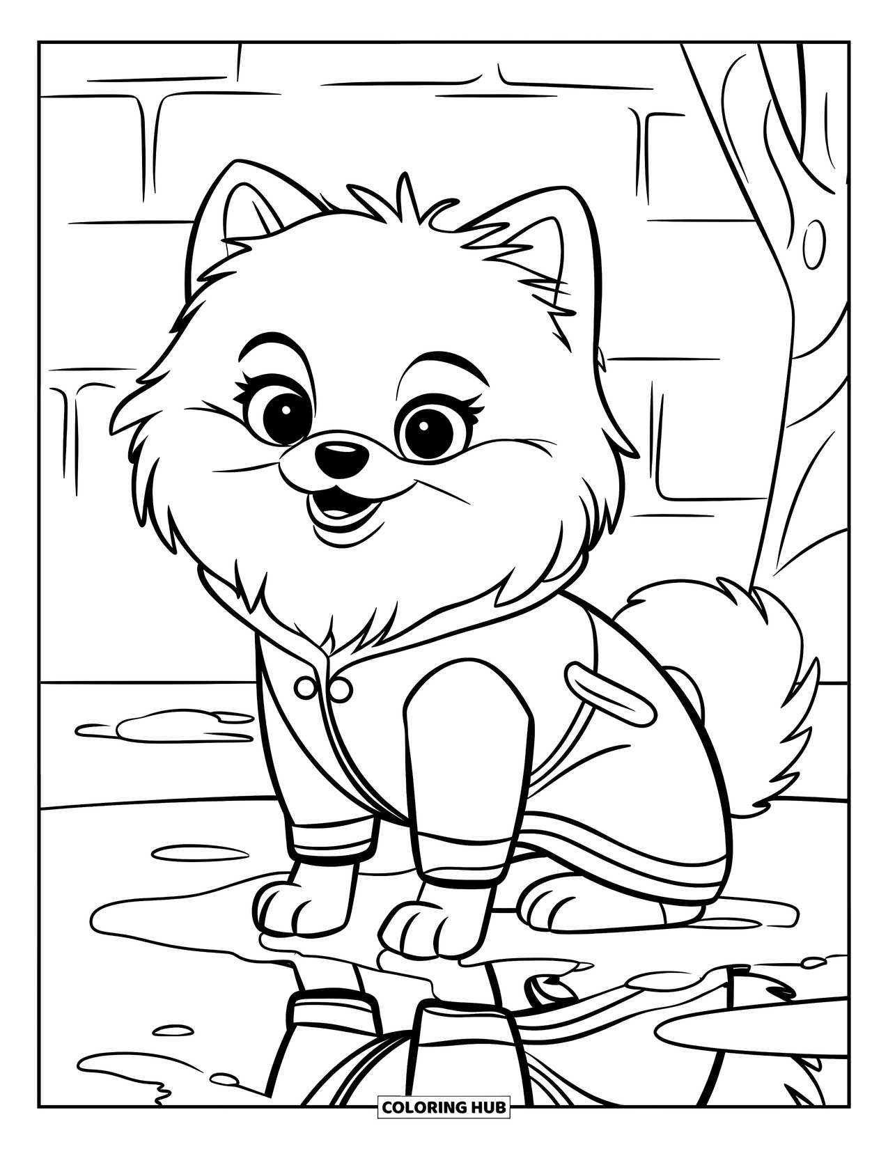 Pomeranian Coloring Page for Kids: Cute Pomeranian in a raincoat sits by a puddle reflecting the sky