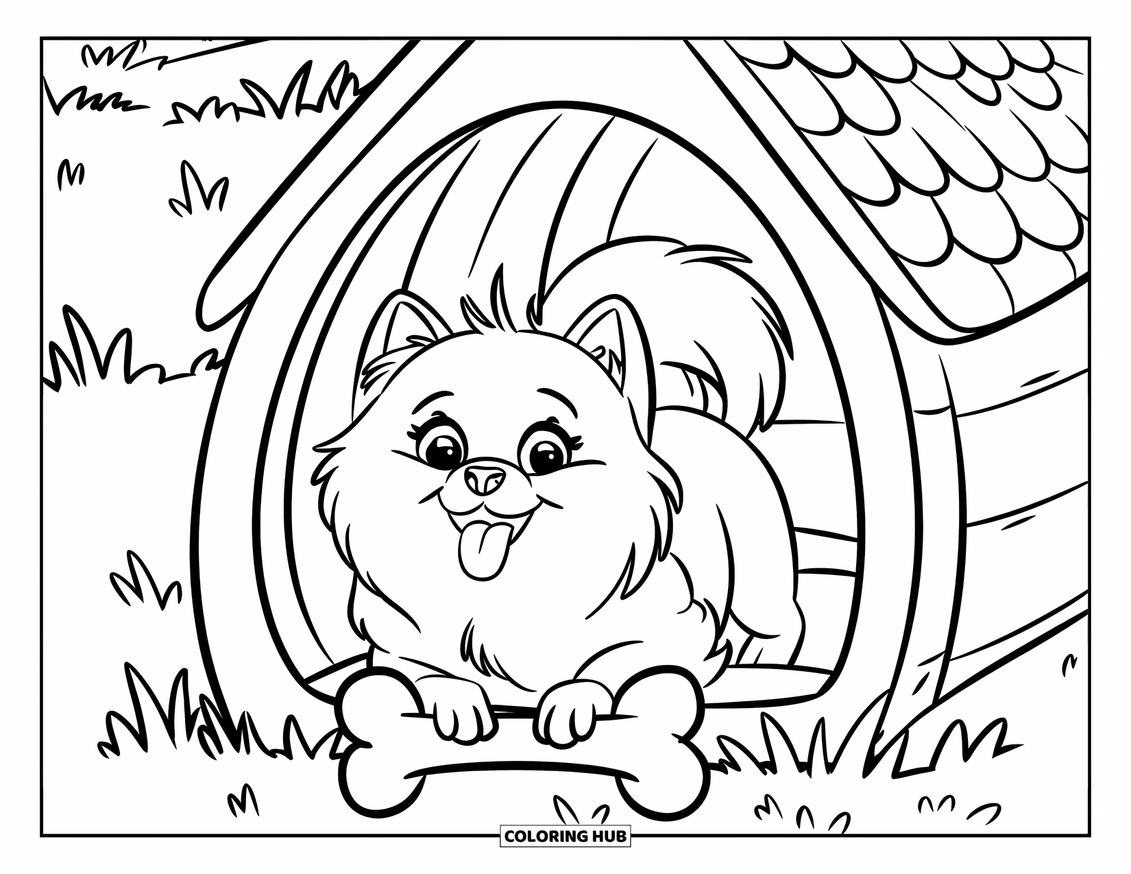 Pomeranian Coloring Page for Kids: Excited Pomeranian sits in a dog house with its tongue out and eyes wide