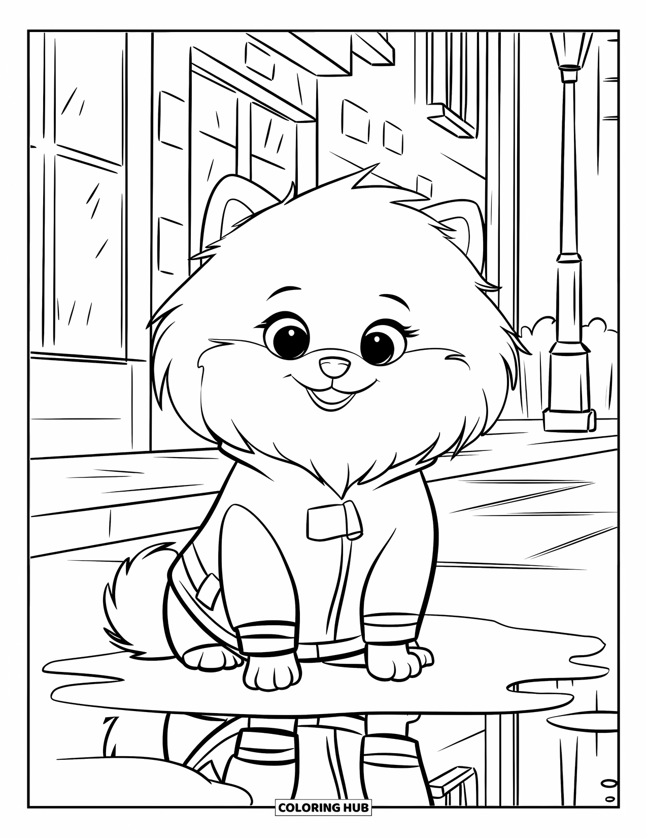 Pomeranian Coloring Page for Kids: Fluffy Pomeranian in a yellow raincoat sits beside a rainy street puddle
