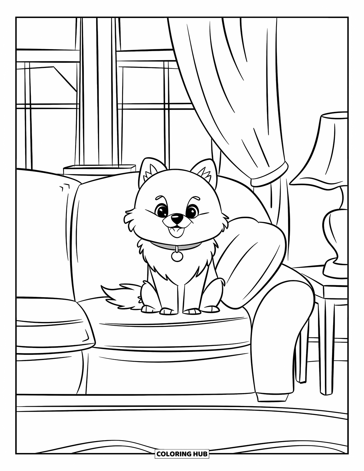 Pomeranian Coloring Page for Kids: Fluffy Pomeranian sits on a couch with a soft pillow and cute expression
