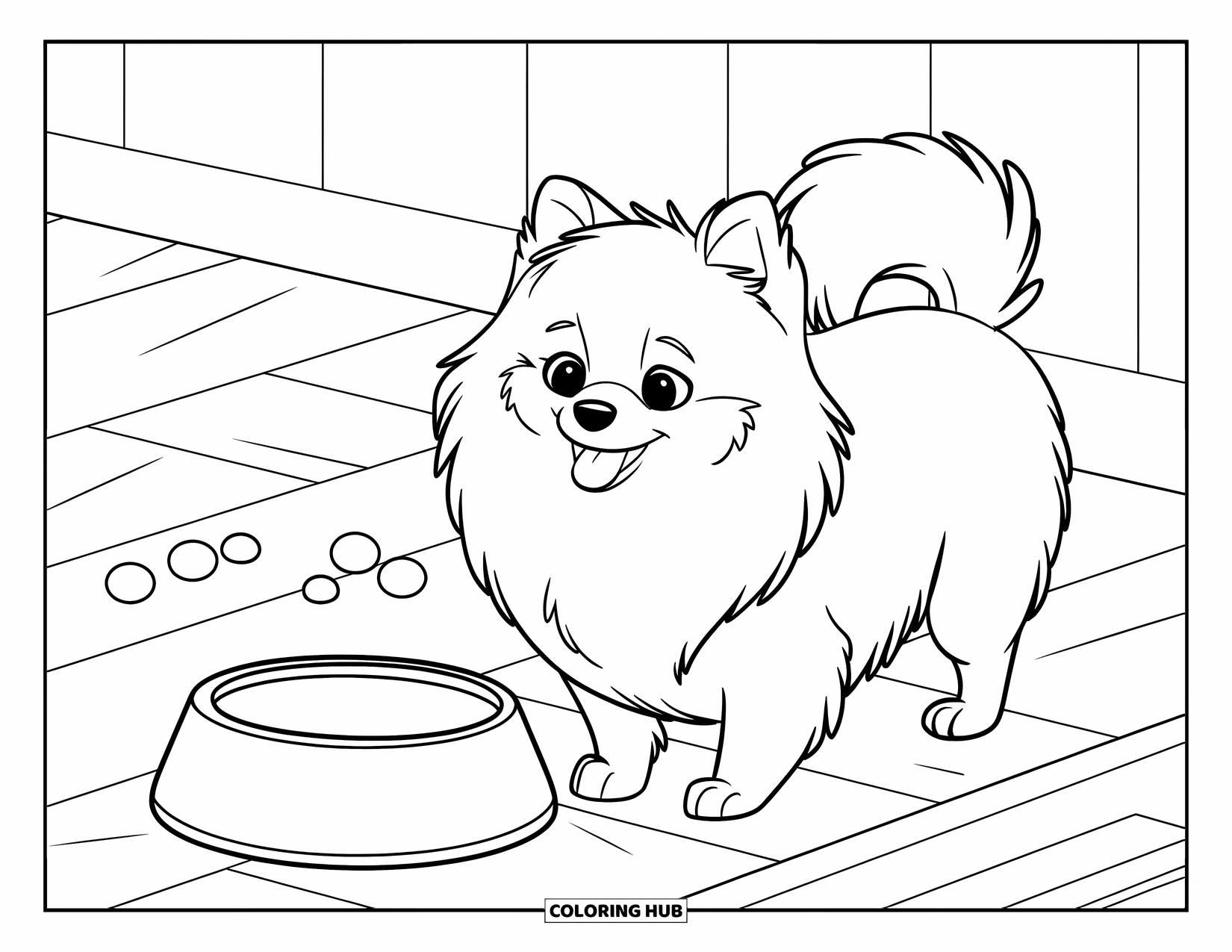 Pomeranian Coloring Page for Kids: Fluffy Pomeranian wags its tail beside an empty food bowl on the floor