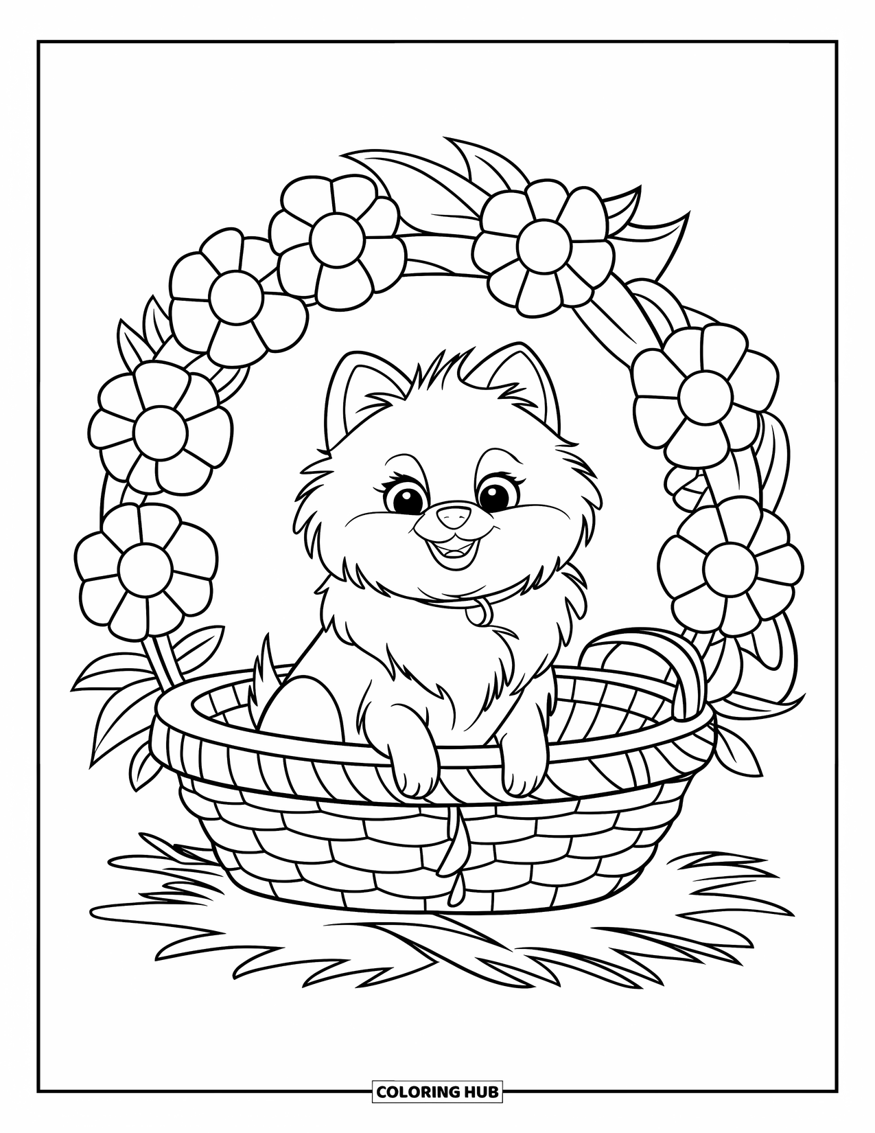 Pomeranian Coloring Page for Kids: Fluffy Pomeranian with a pink collar sits in a flower-filled basket