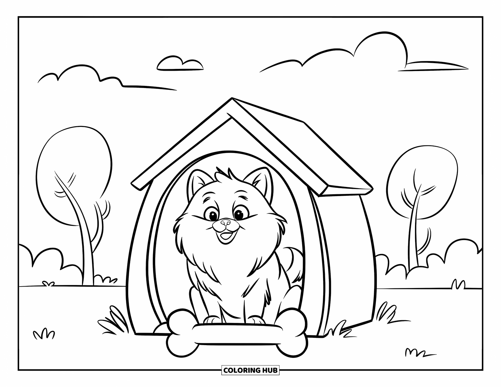 Pomeranian Coloring Page for Kids: Happy Pomeranian relaxes in a dog house on a sunny grassy field