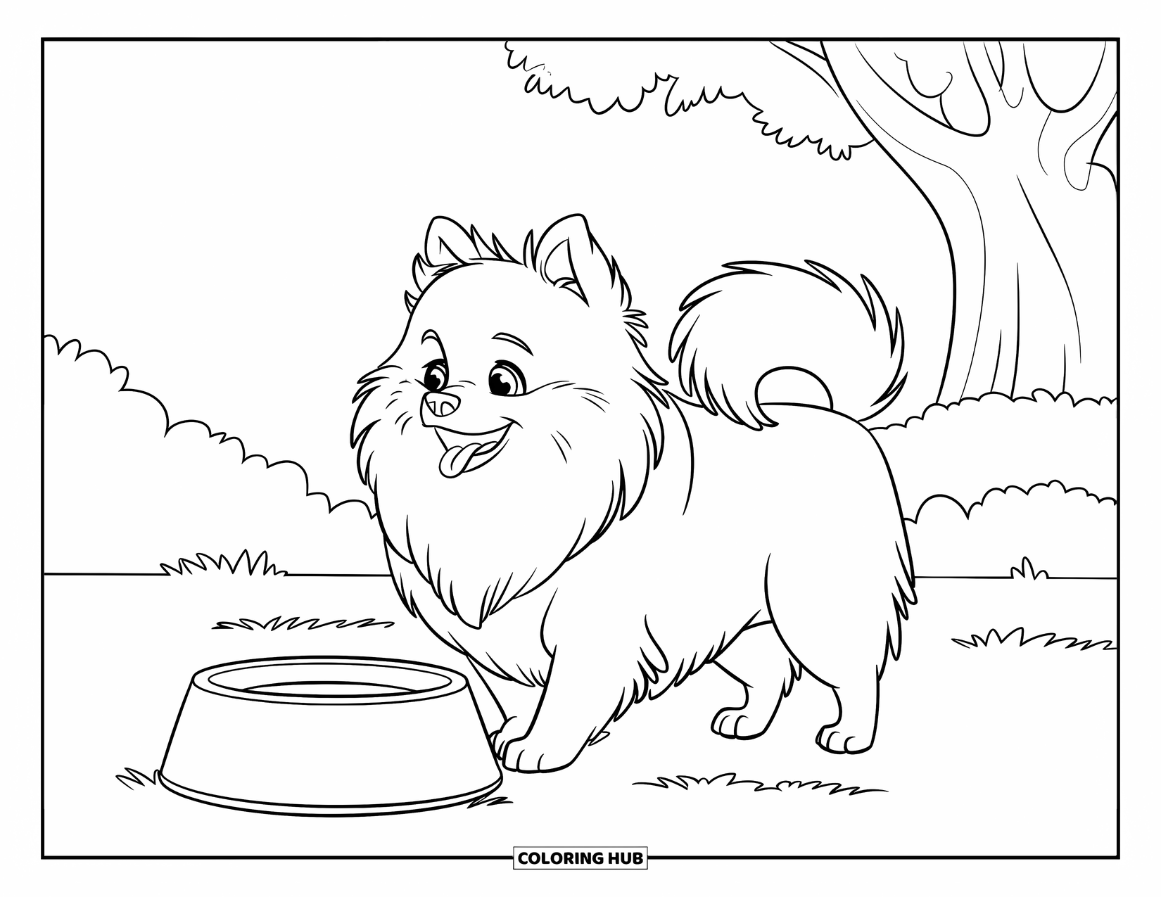 Pomeranian Coloring Page for Kids: Happy Pomeranian stands near a bowl under a sky with clouds
