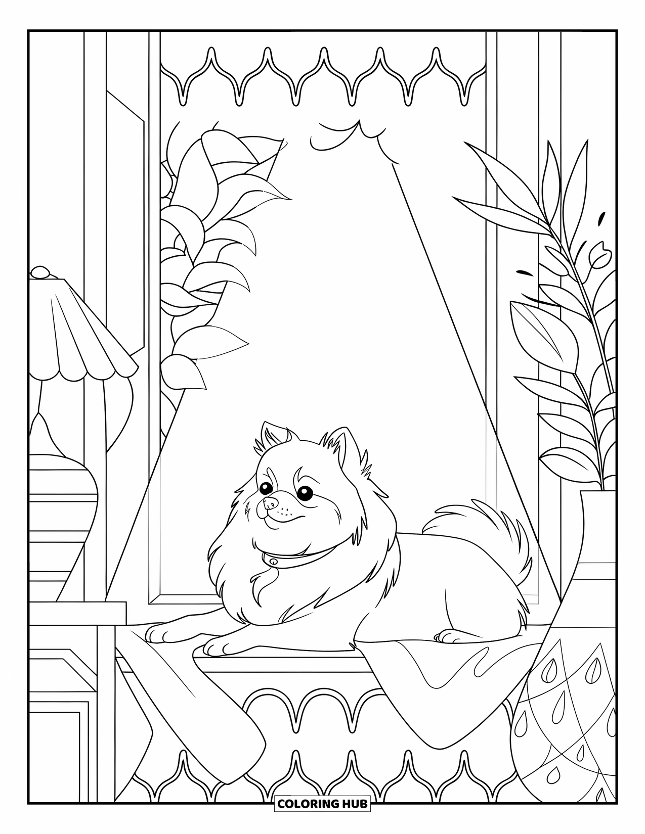 Pomeranian Coloring Page for Kids: Peaceful Pomeranian naps in the sunlight near a few cozy room items