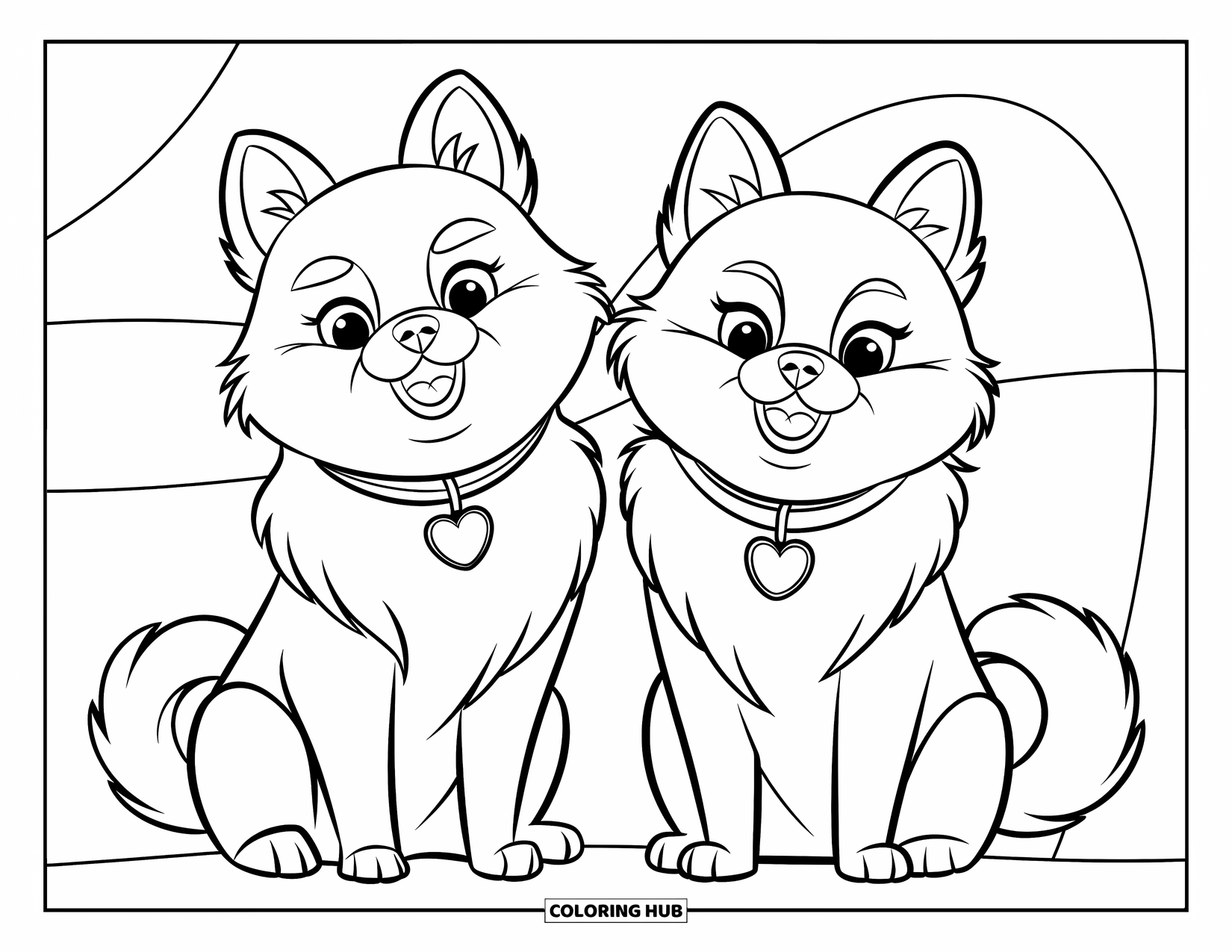 Pomeranian Coloring Page for Kids: Perky-eared Pomeranians with wagging tails sit happily side by side