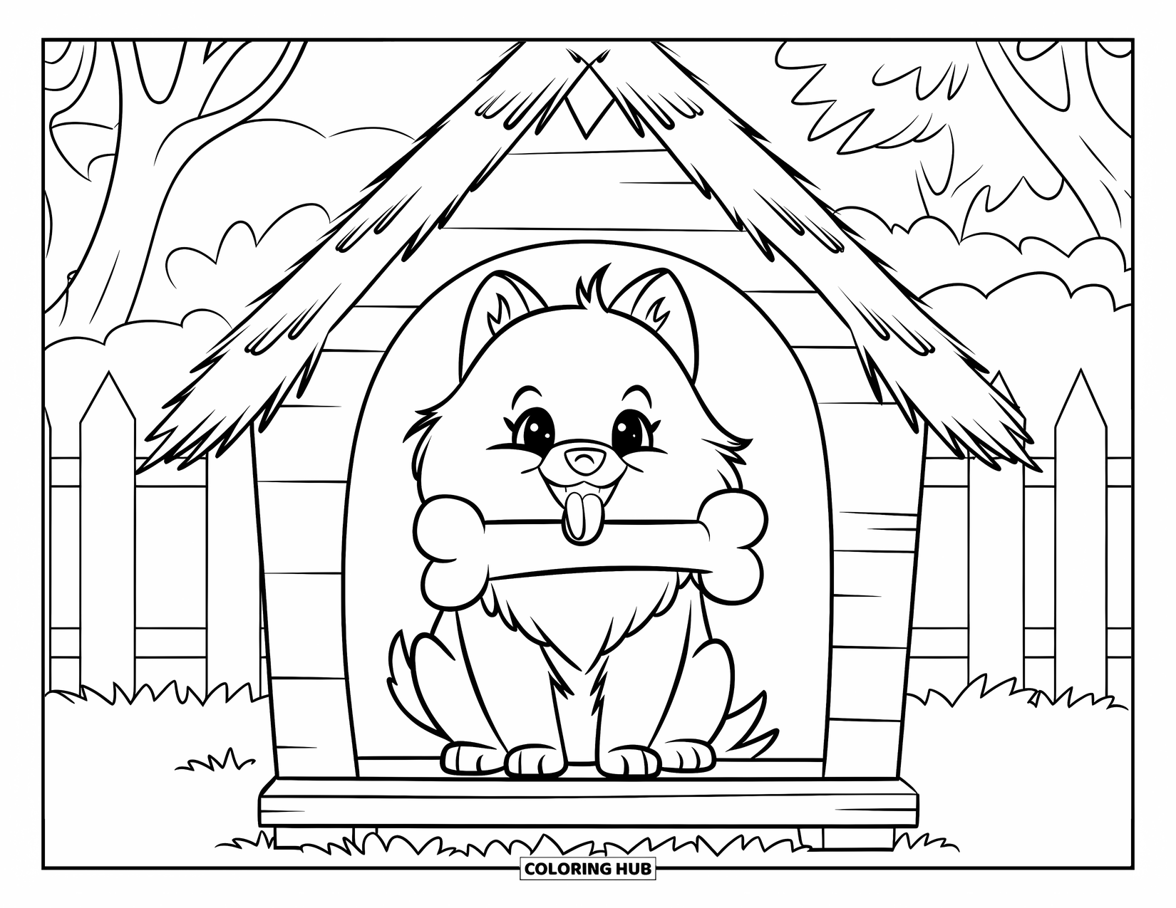 Pomeranian Coloring Page for Kids: Pomeranian holds a big bone while sitting in a cozy wooden dog house