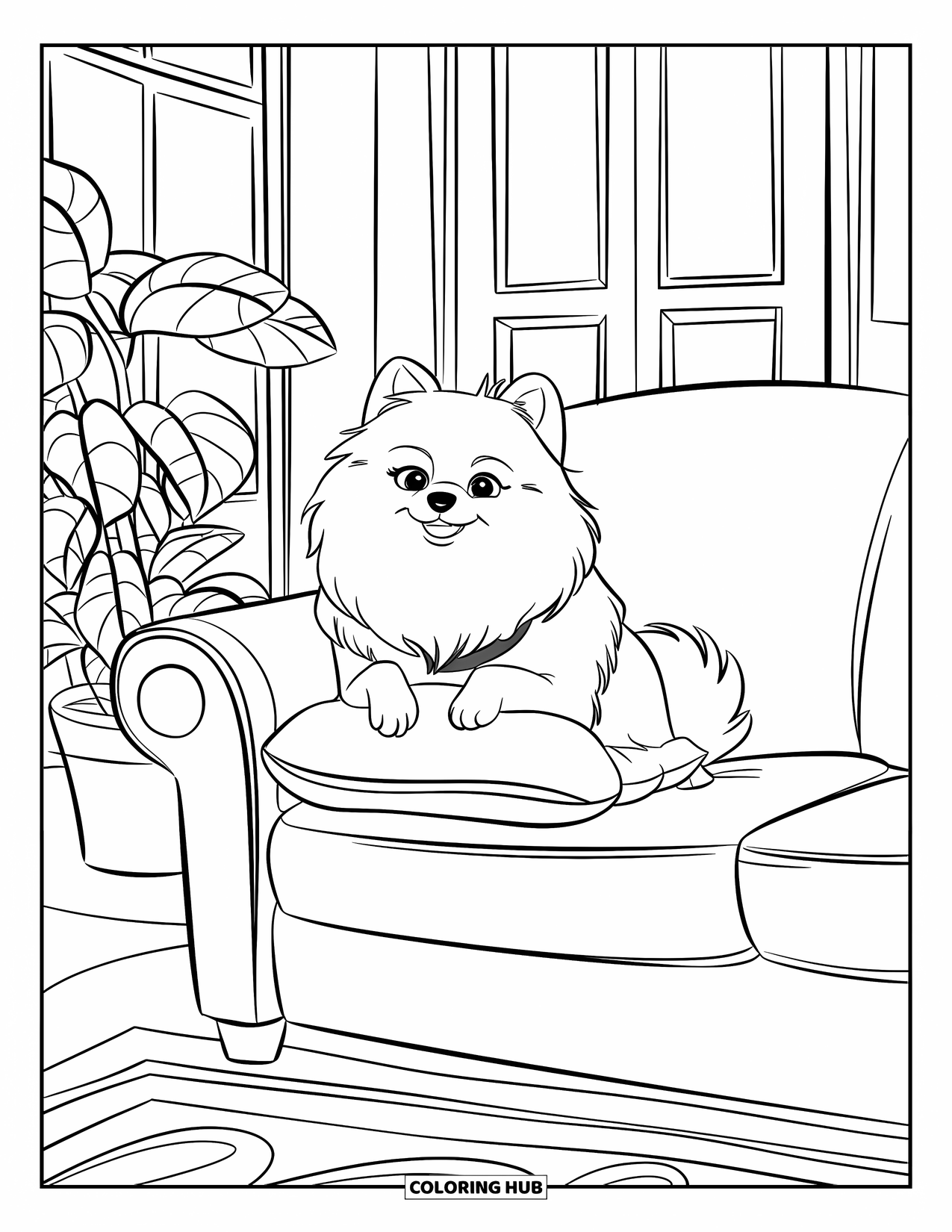 Pomeranian Coloring Page for Kids: Pomeranian holds a plush pillow while sitting on a comfy couch at home