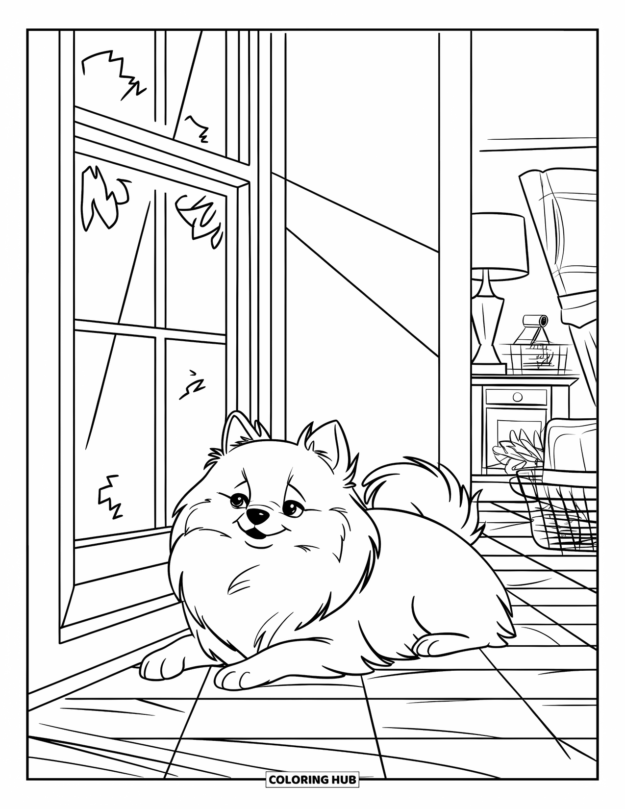 Pomeranian Coloring Page for Kids: Pomeranian lounges in a sunbeam on a checkered floor near a window